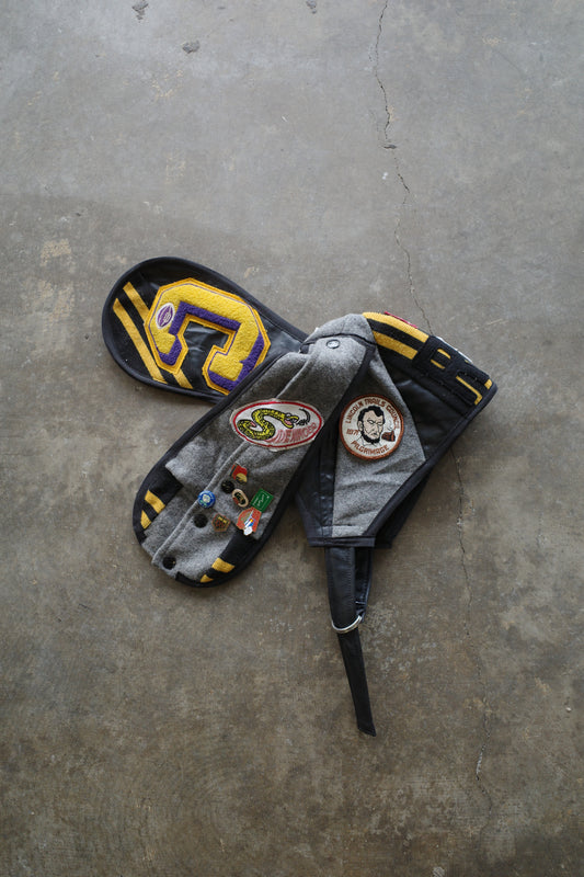 nag nag Bunny Ear Hat made with vintage Varsity Jacket and Patches, vintage pins