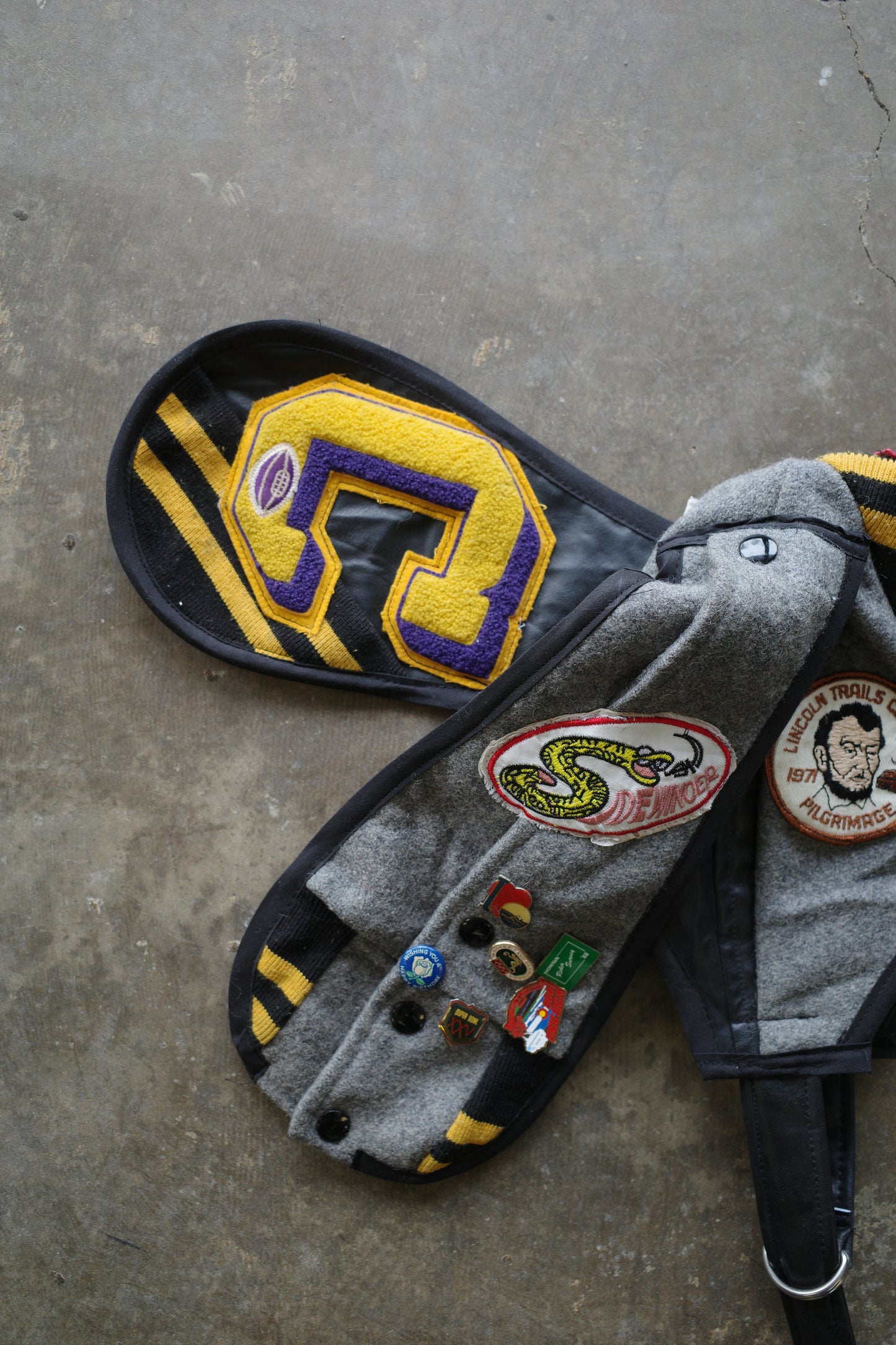 nag nag Bunny Ear Hat made with vintage Varsity Jacket and Patches, vintage pins