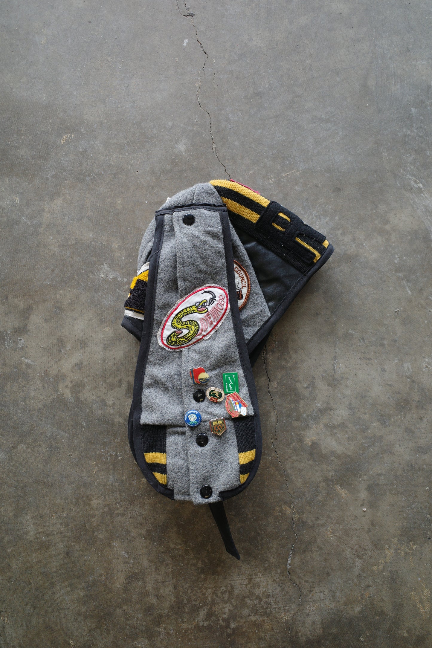 nag nag Bunny Ear Hat made with vintage Varsity Jacket and Patches, vintage pins