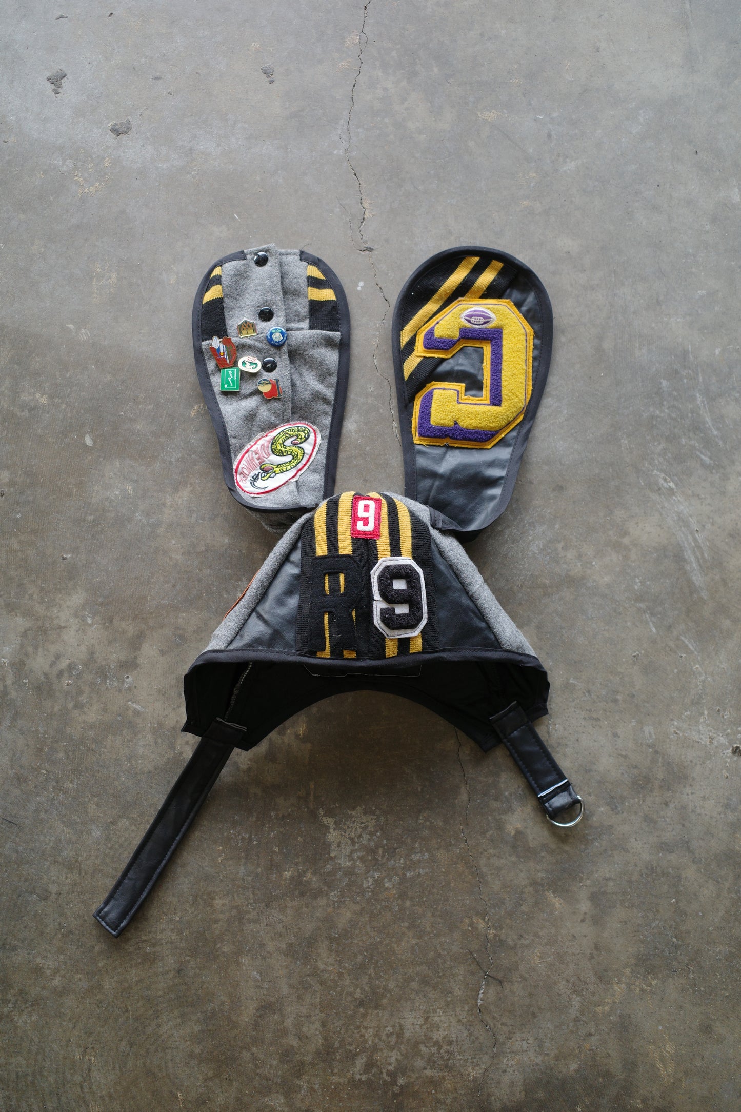 nag nag Bunny Ear Hat made with vintage Varsity Jacket and Patches, vintage pins