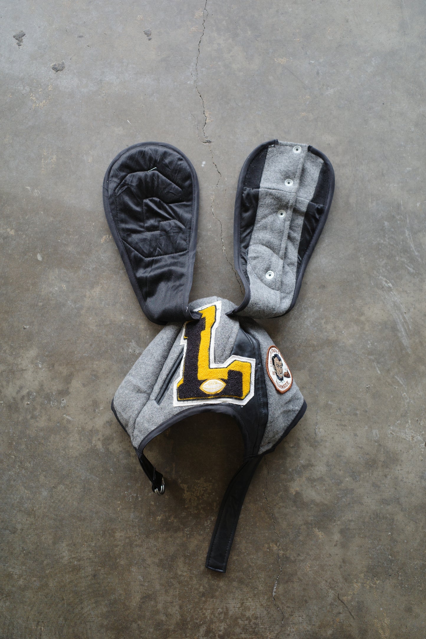nag nag Bunny Ear Hat made with vintage Varsity Jacket and Patches, vintage pins