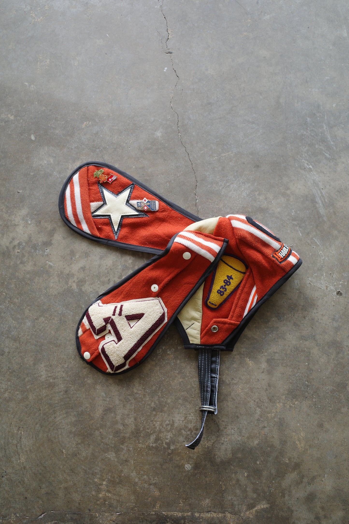 nag nag Bunny Ear Hat made with vintage Varsity Jacket and Patches, vintage pins