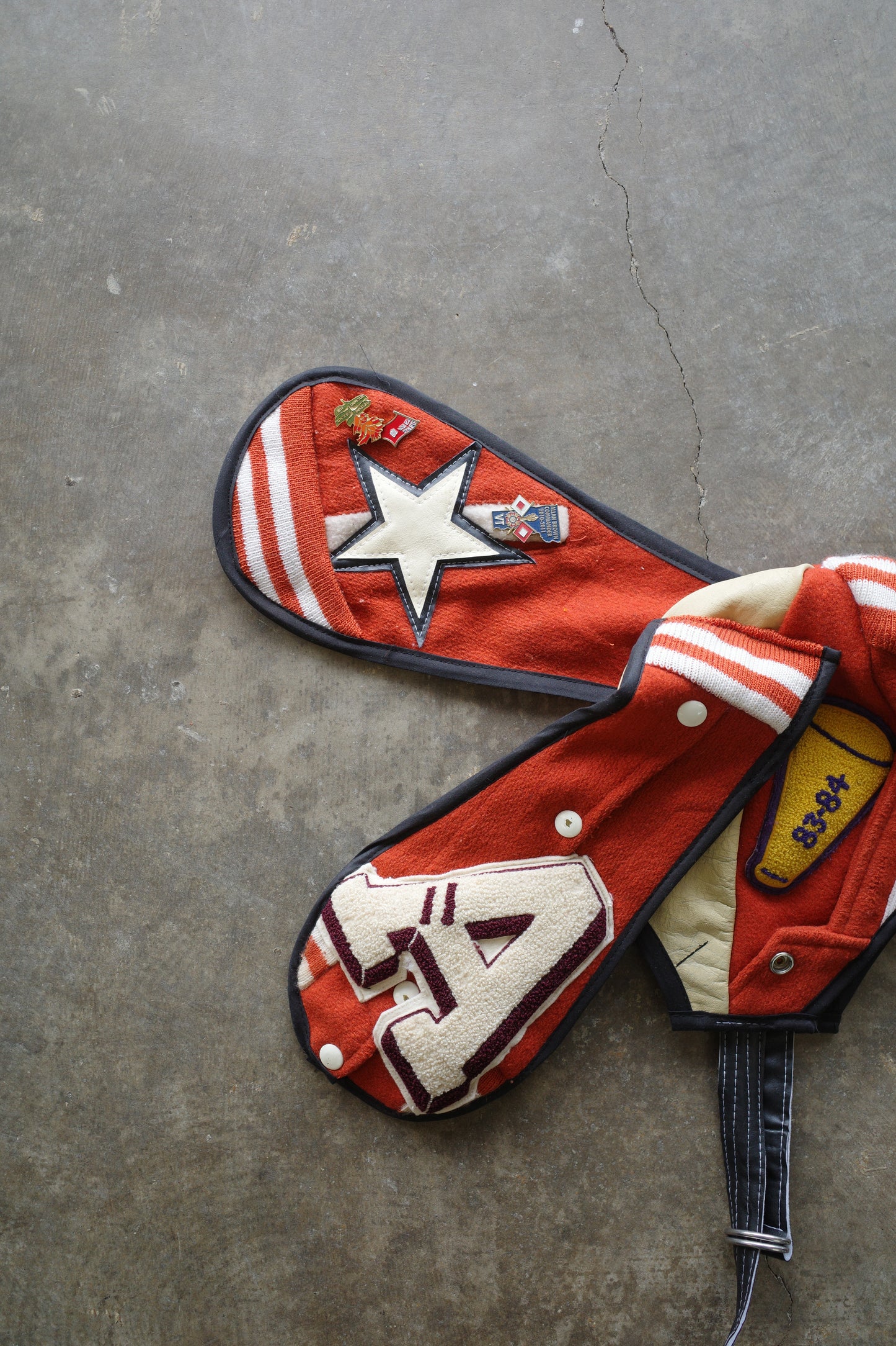 nag nag Bunny Ear Hat made with vintage Varsity Jacket and Patches, vintage pins