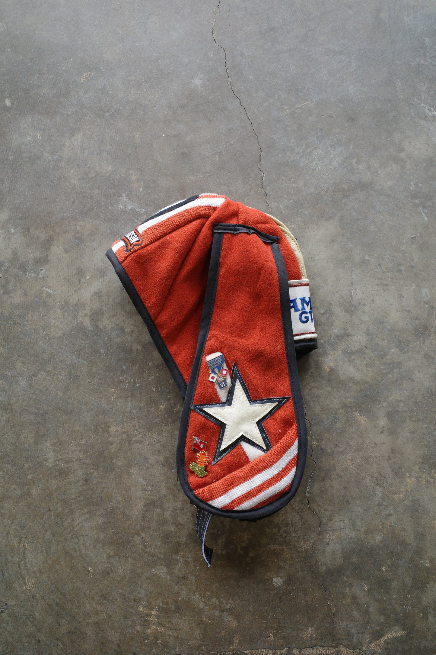 nag nag Bunny Ear Hat made with vintage Varsity Jacket and Patches, vintage pins