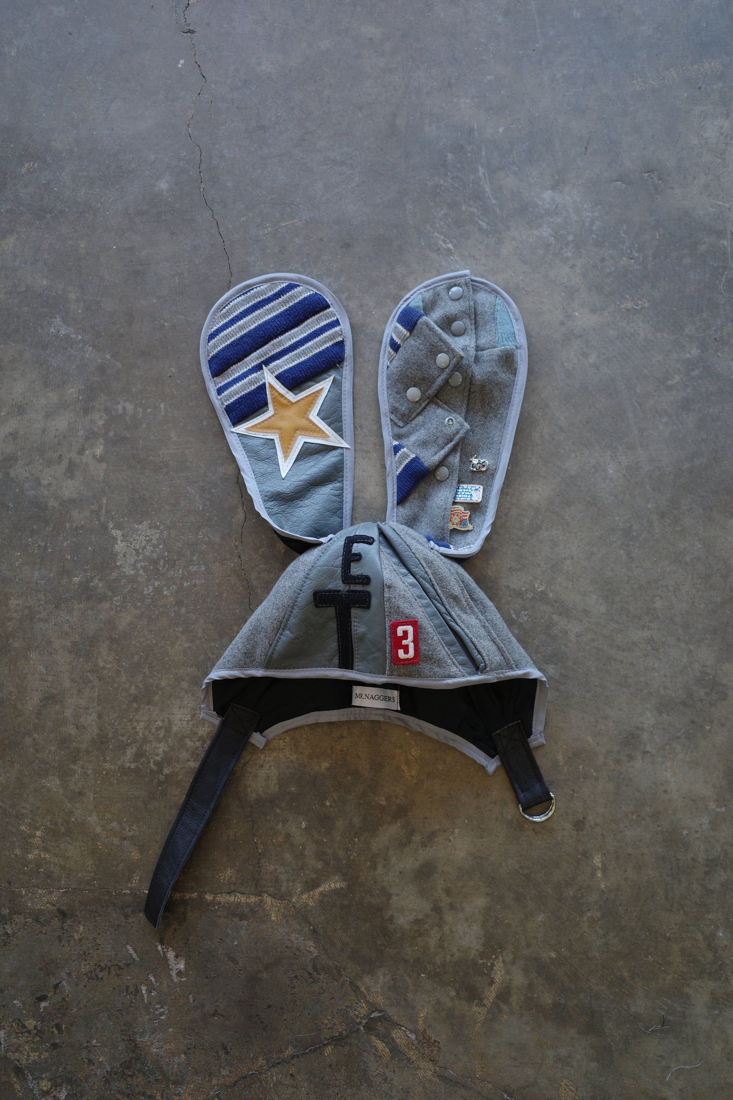 nag nag Bunny Ear Hat made with vintage Varsity Jacket and Patches, vintage pins