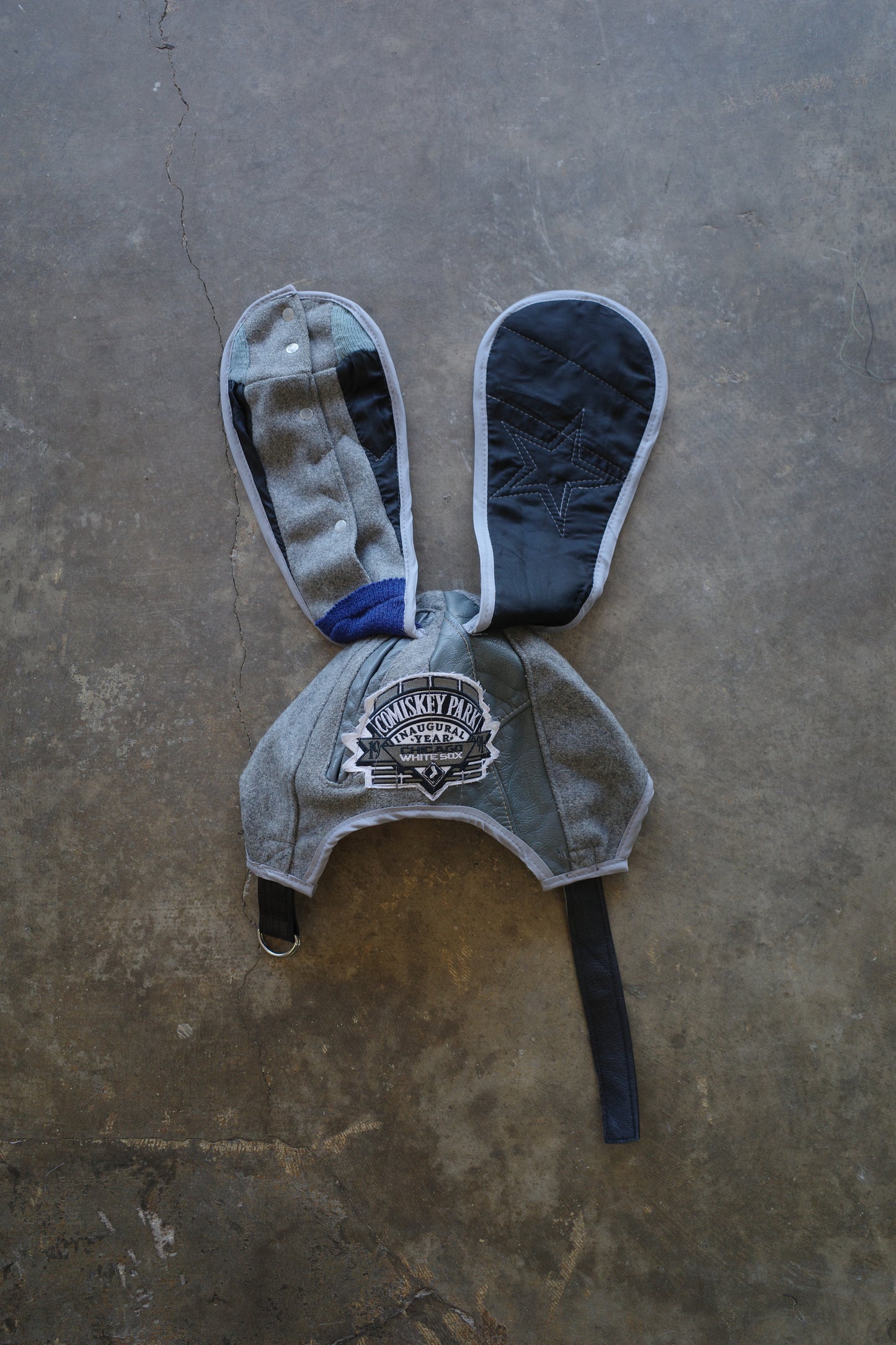 nag nag Bunny Ear Hat made with vintage Varsity Jacket and Patches, vintage pins