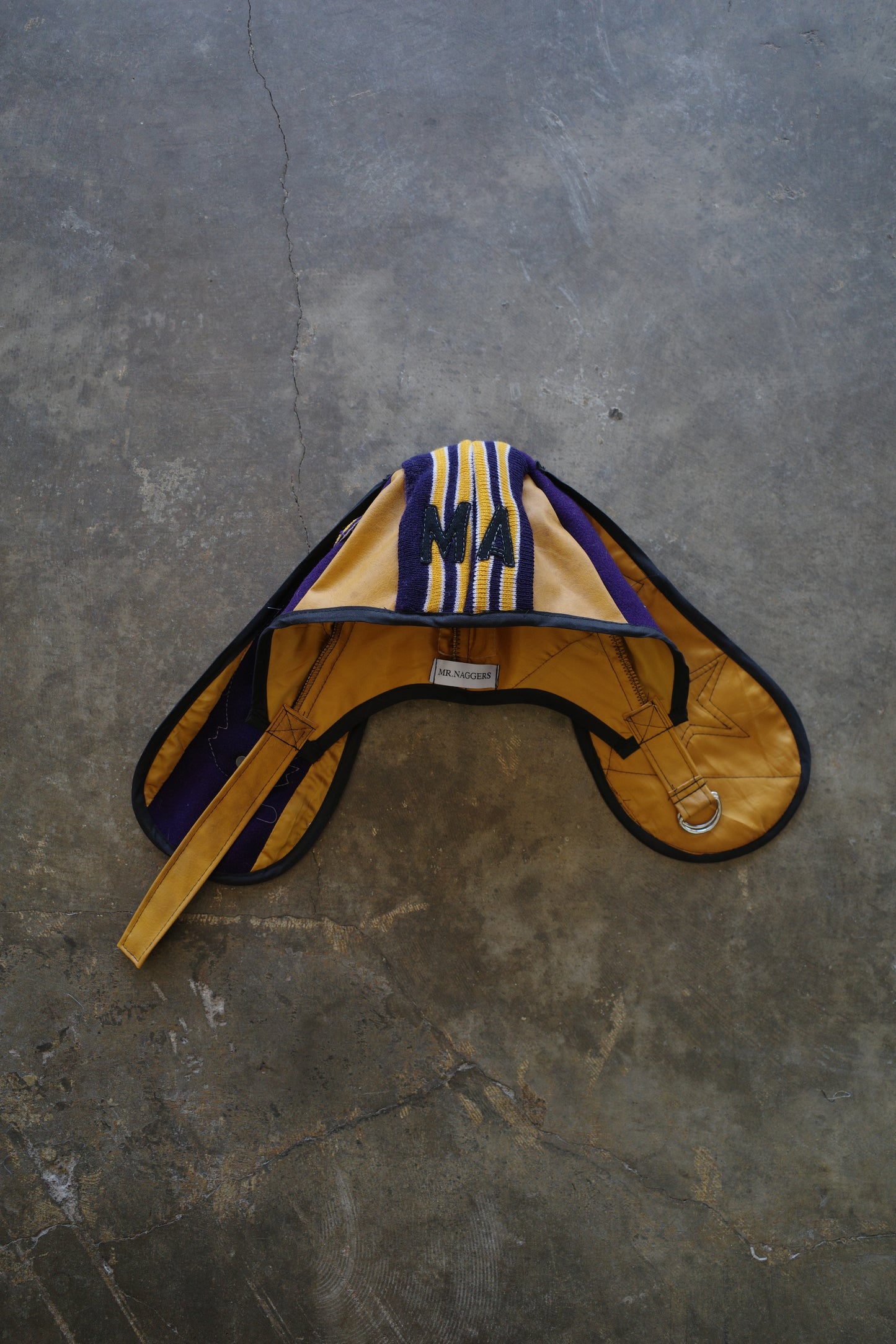 nag nag Bunny Ear Hat made with vintage Varsity Jacket and Patches, vintage pins