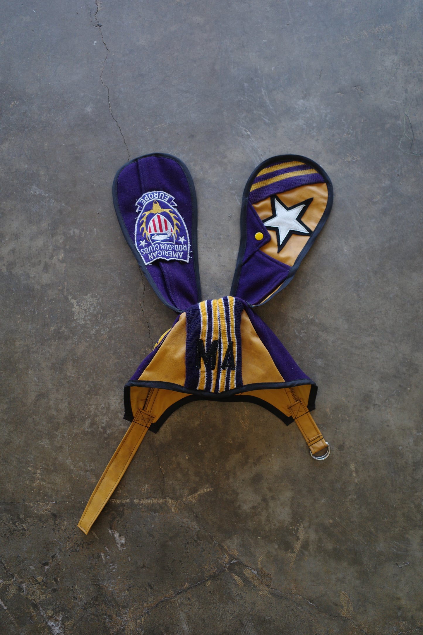 nag nag Bunny Ear Hat made with vintage Varsity Jacket and Patches, vintage pins