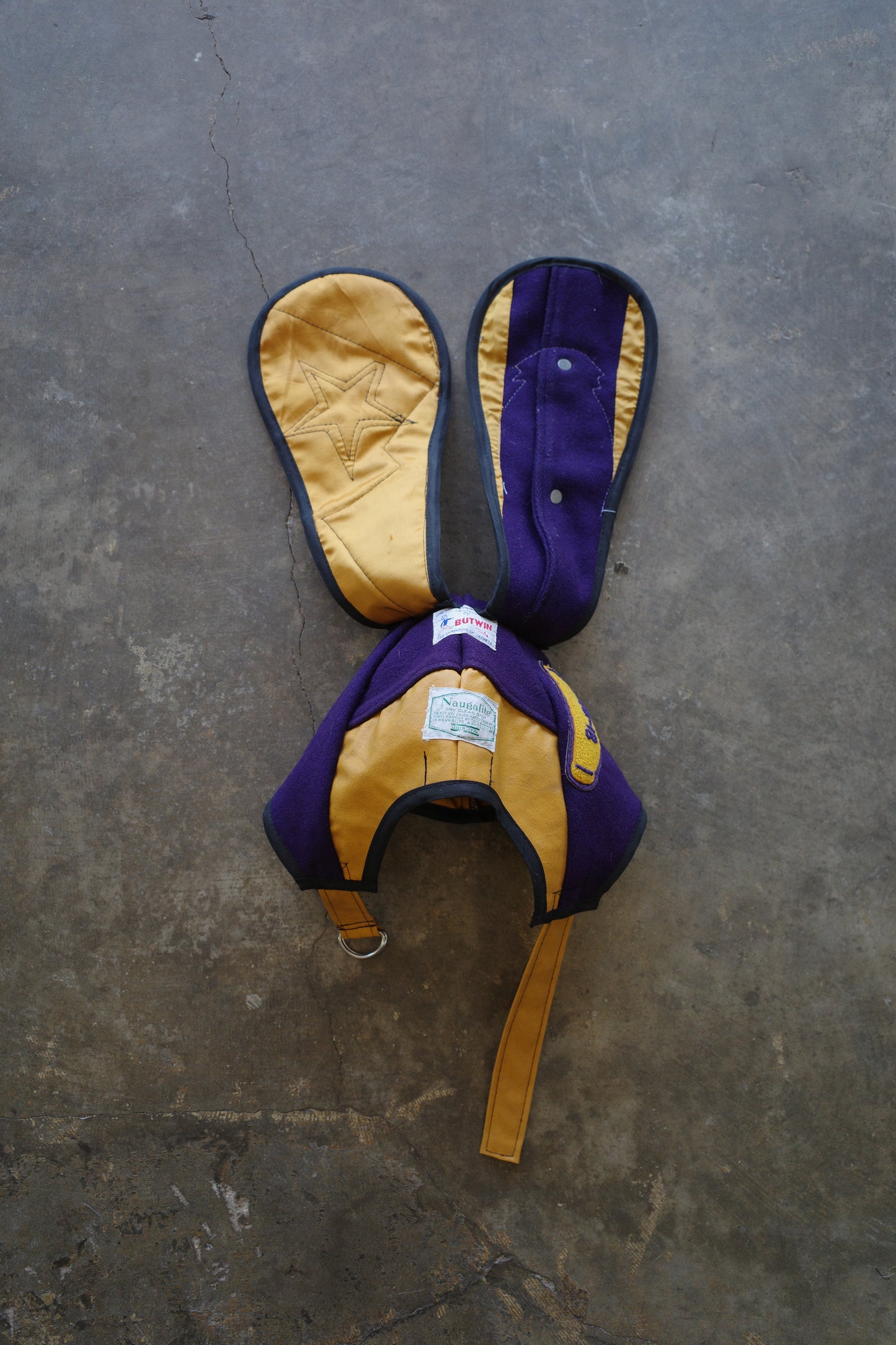 nag nag Bunny Ear Hat made with vintage Varsity Jacket and Patches, vintage pins