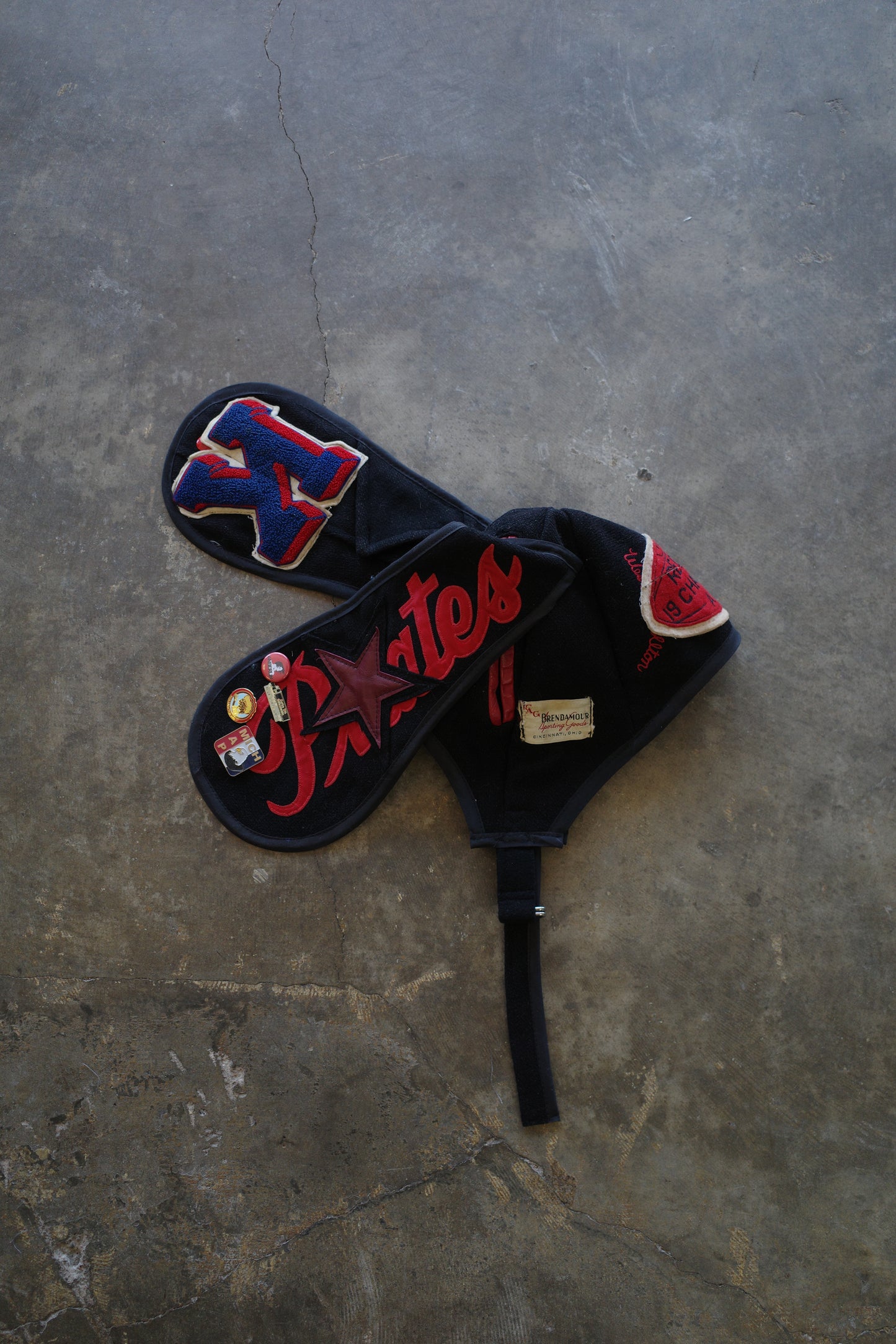 nag nag Bunny Ear Hat made with vintage Varsity Jacket and Patches, vintage pins