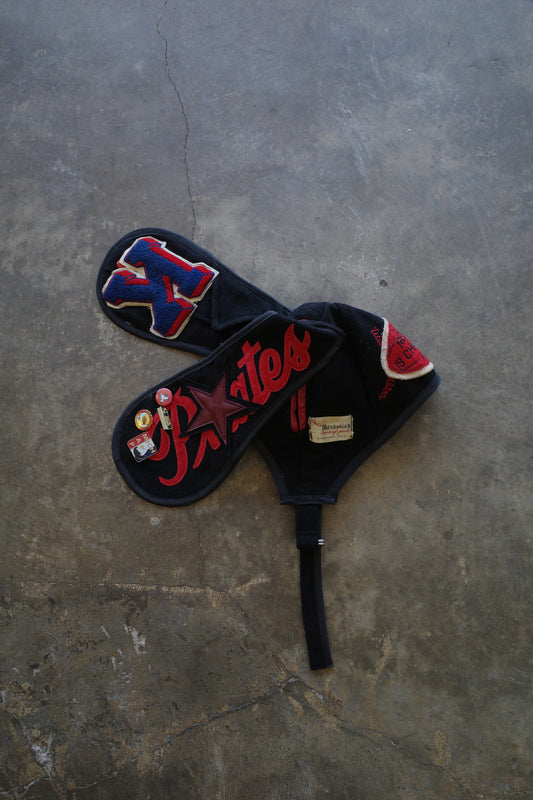 nag nag Bunny Ear Hat made with vintage Varsity Jacket and Patches, vintage pins