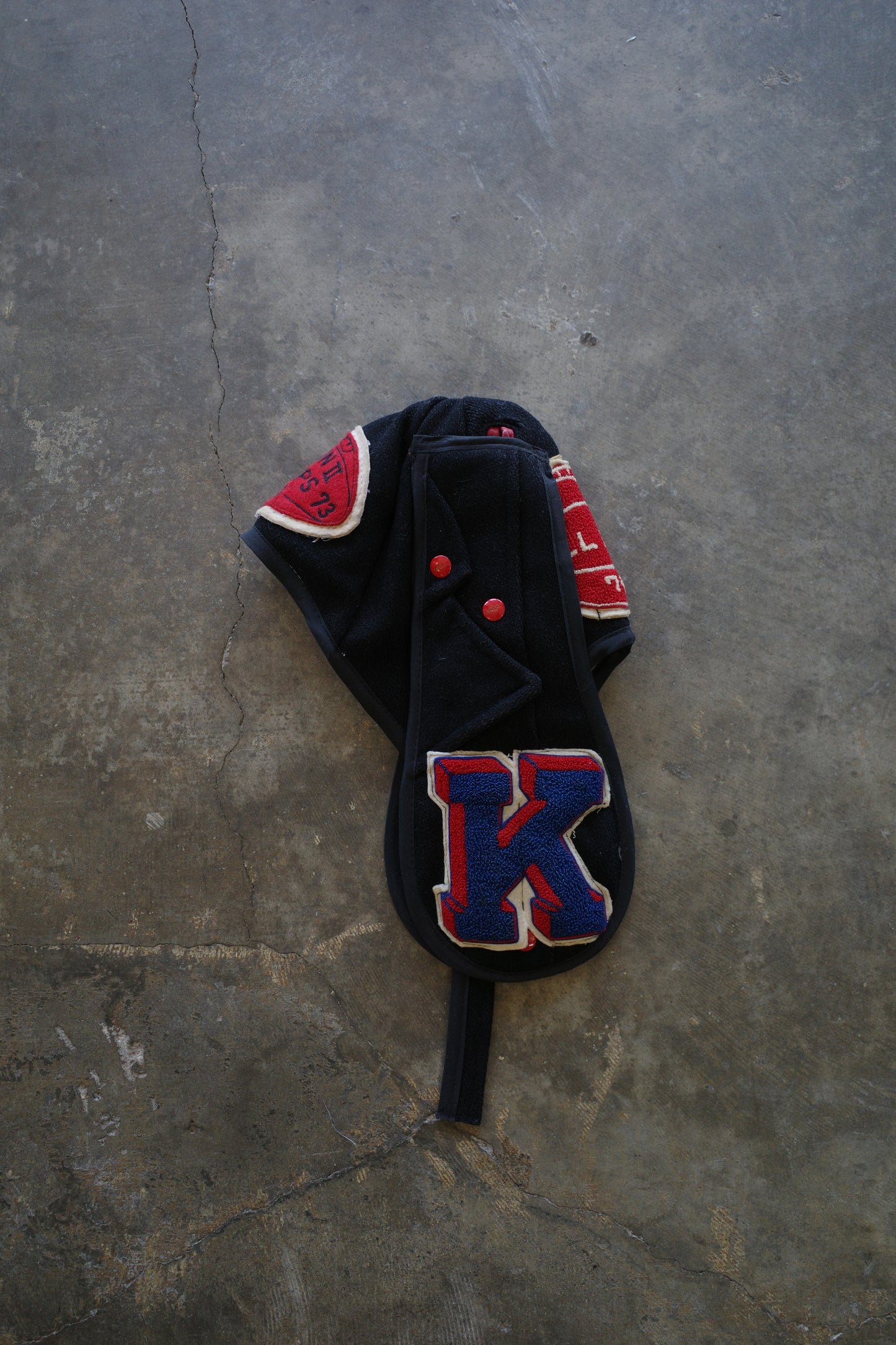 nag nag Bunny Ear Hat made with vintage Varsity Jacket and Patches, vintage pins