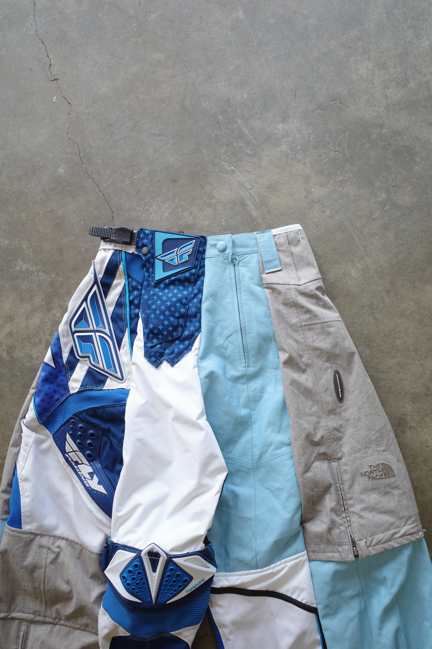 Wide Legged nag nag Pants(S)/made from vintage FLY moto racing pants &vintage Columbia CONVERT Ski trousers.Learher trim