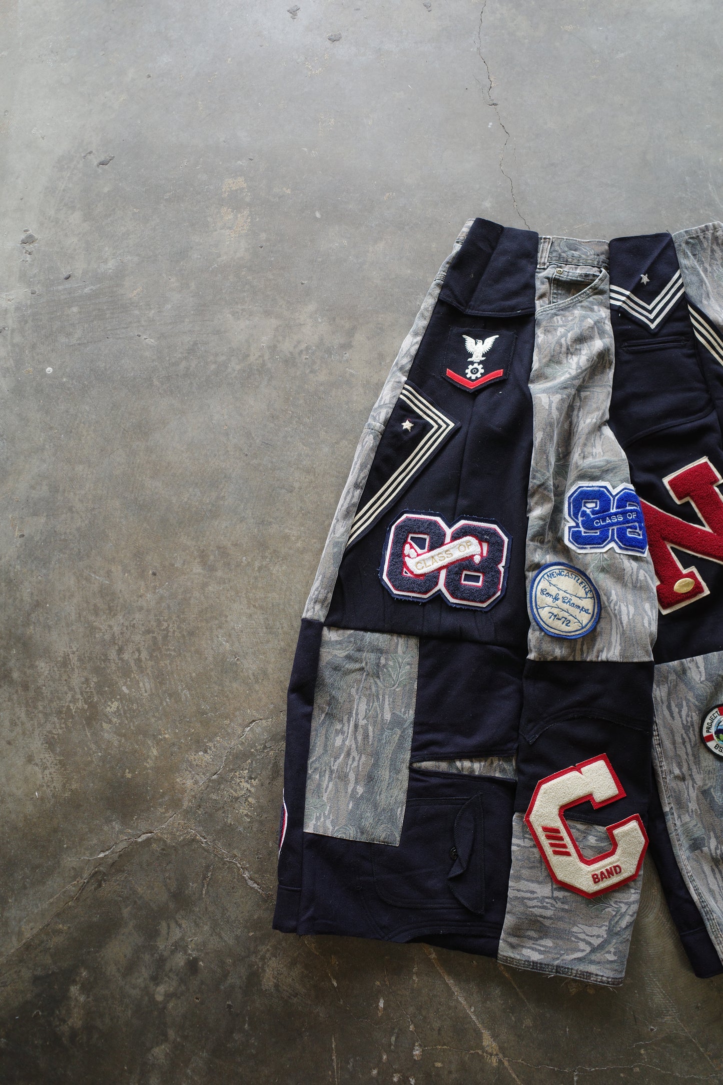 Wide Legged nag nag Pants(L) / made with vintage US.NAVY ISSUES wool fabric & and vintage wooden camo jeans