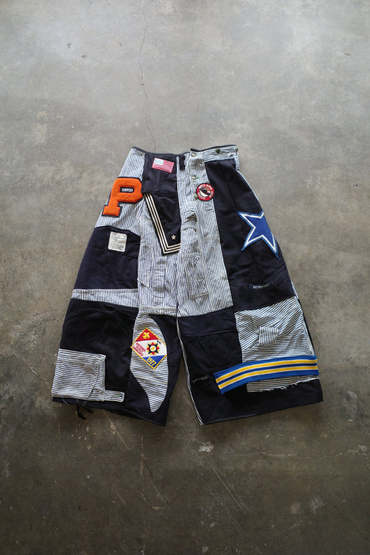 Wide Legged nag nag Pants(S) /  made with vintage US.NAVY ISSUES wool fabric & and vintage striped engineer overalls