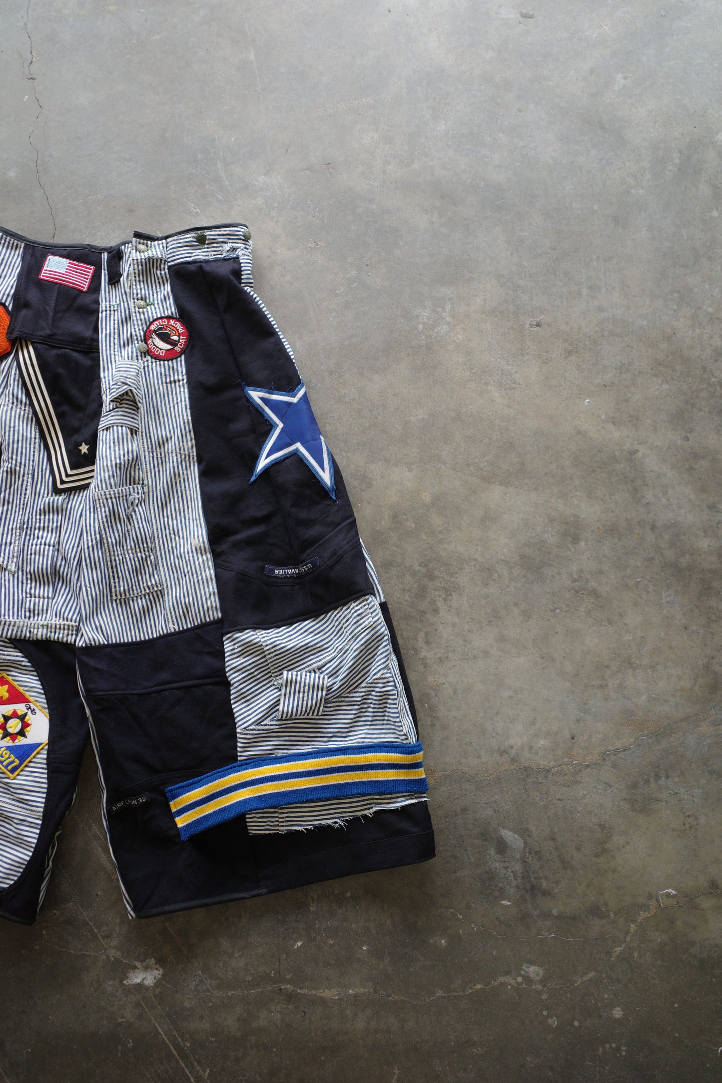 Wide Legged nag nag Pants(S) /  made with vintage US.NAVY ISSUES wool fabric & and vintage striped engineer overalls