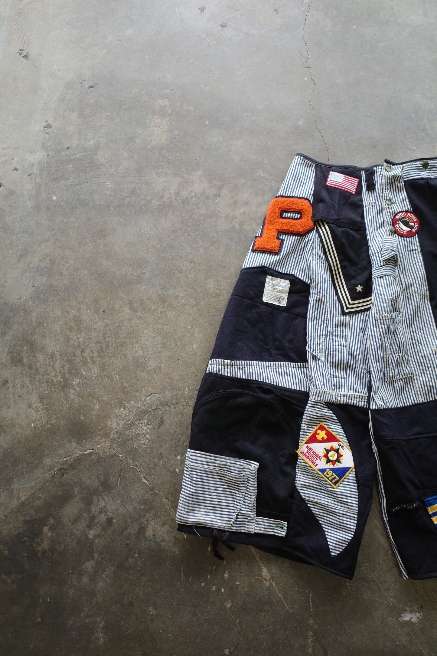 Wide Legged nag nag Pants(S) /  made with vintage US.NAVY ISSUES wool fabric & and vintage striped engineer overalls