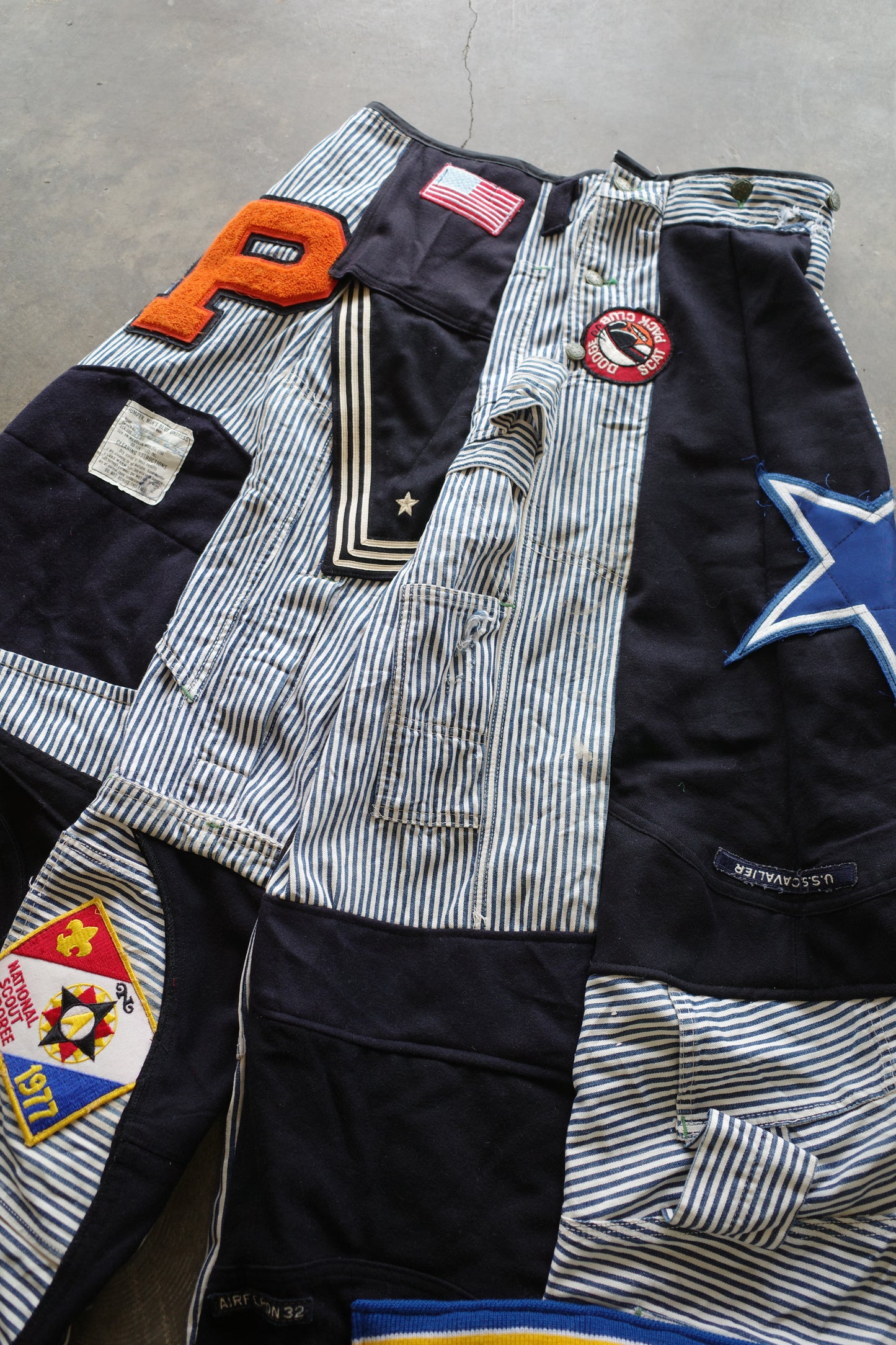 Wide Legged nag nag Pants(S) /  made with vintage US.NAVY ISSUES wool fabric & and vintage striped engineer overalls