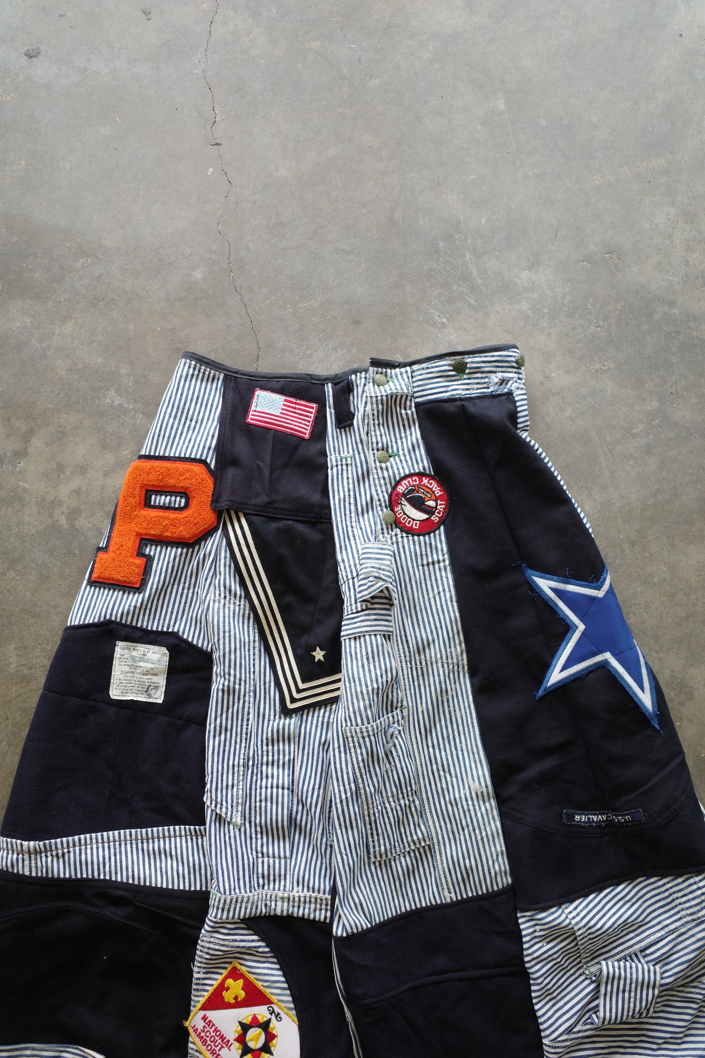 Wide Legged nag nag Pants(S) /  made with vintage US.NAVY ISSUES wool fabric & and vintage striped engineer overalls