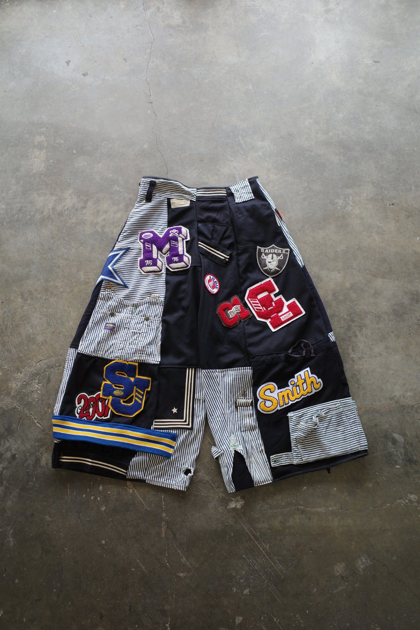 Wide Legged nag nag Pants(S) /  made with vintage US.NAVY ISSUES wool fabric & and vintage striped engineer overalls