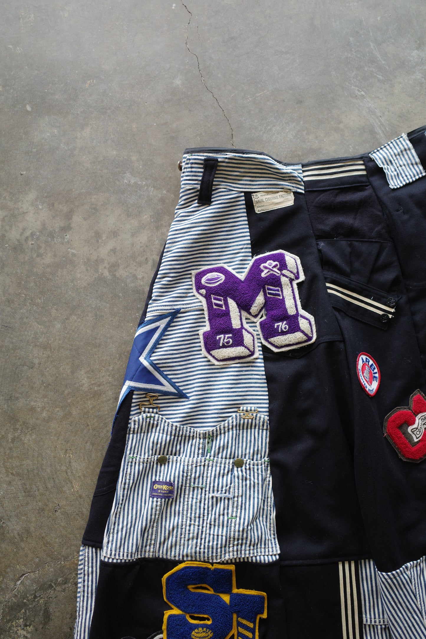 Wide Legged nag nag Pants(S) /  made with vintage US.NAVY ISSUES wool fabric & and vintage striped engineer overalls