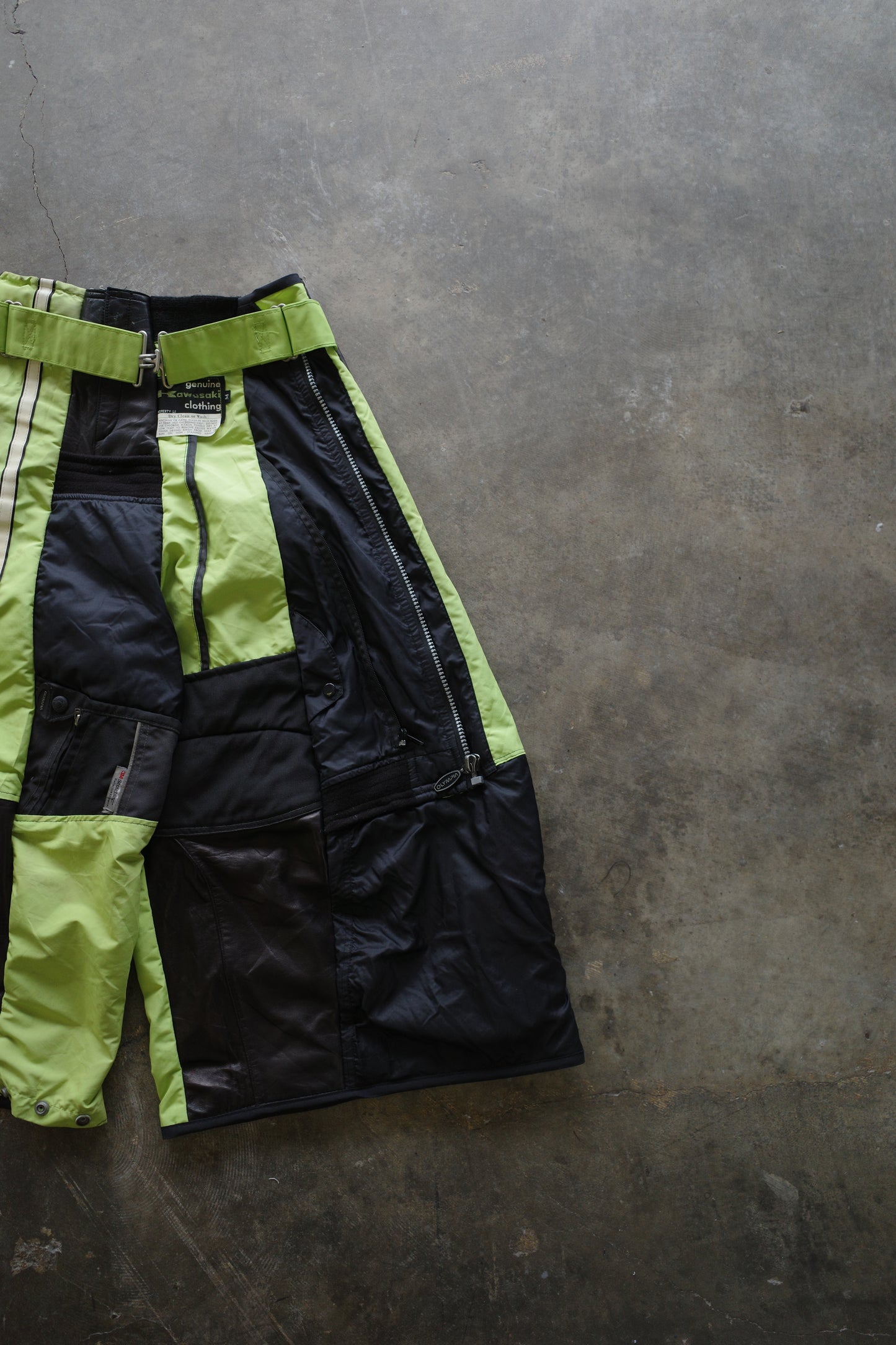 Wide Legged nag nag Pants(S)/made from vintage KAWASAKI moto racing pants &vintage OLYMPIA racing trousers and leather trim