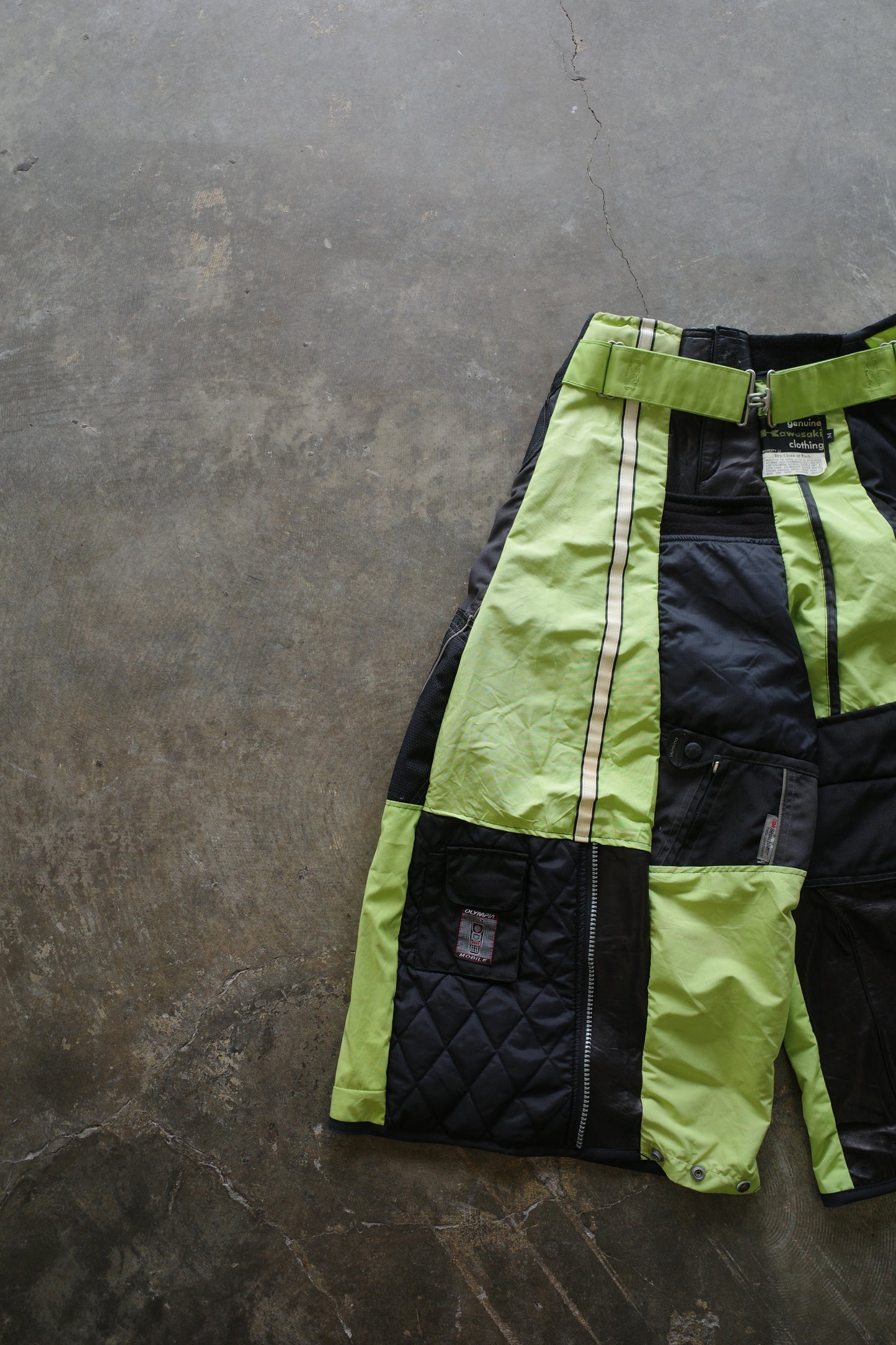 Wide Legged nag nag Pants(S)/made from vintage KAWASAKI moto racing pants &vintage OLYMPIA racing trousers and leather trim