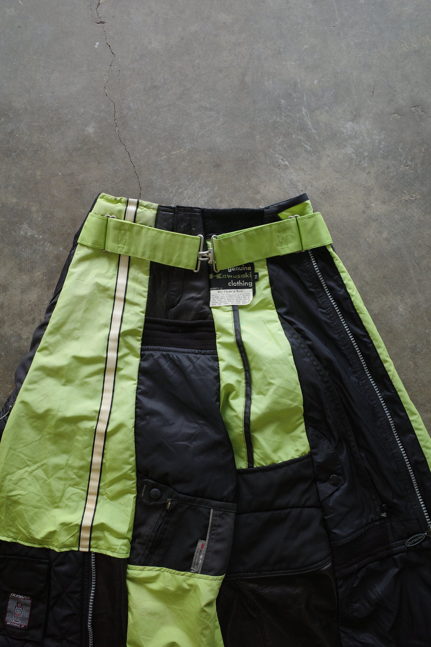 Wide Legged nag nag Pants(S)/made from vintage KAWASAKI moto racing pants &vintage OLYMPIA racing trousers and leather trim