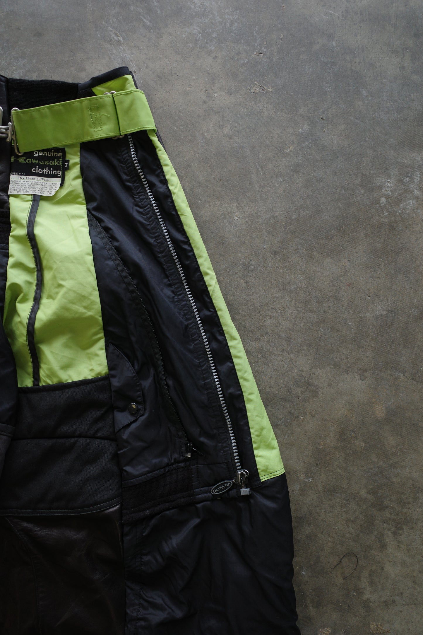 Wide Legged nag nag Pants(S)/made from vintage KAWASAKI moto racing pants &vintage OLYMPIA racing trousers and leather trim