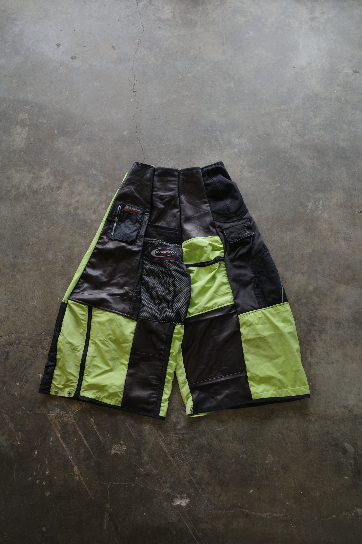 Wide Legged nag nag Pants(S)/made from vintage KAWASAKI moto racing pants &vintage OLYMPIA racing trousers and leather trim