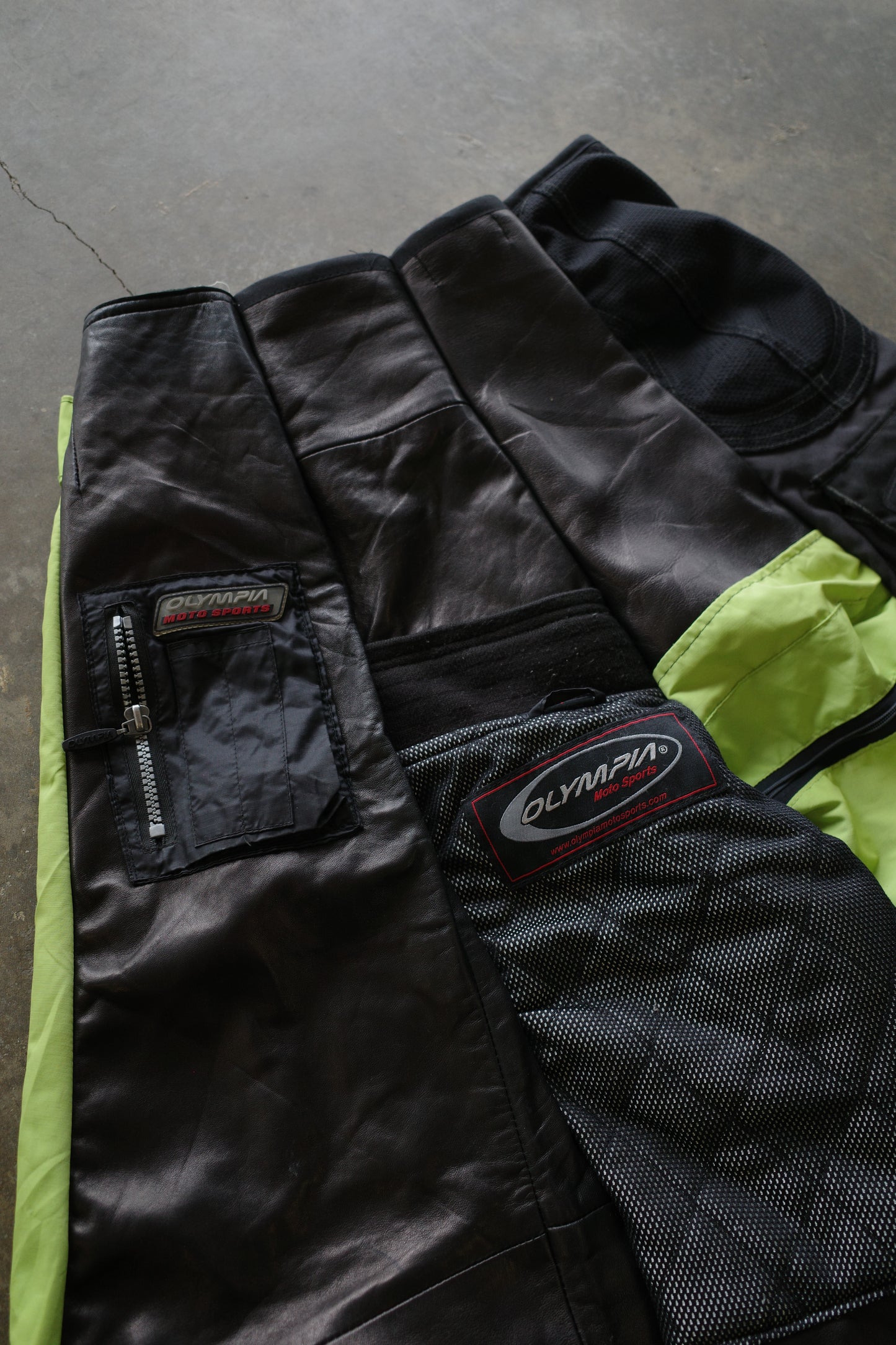 Wide Legged nag nag Pants(S)/made from vintage KAWASAKI moto racing pants &vintage OLYMPIA racing trousers and leather trim