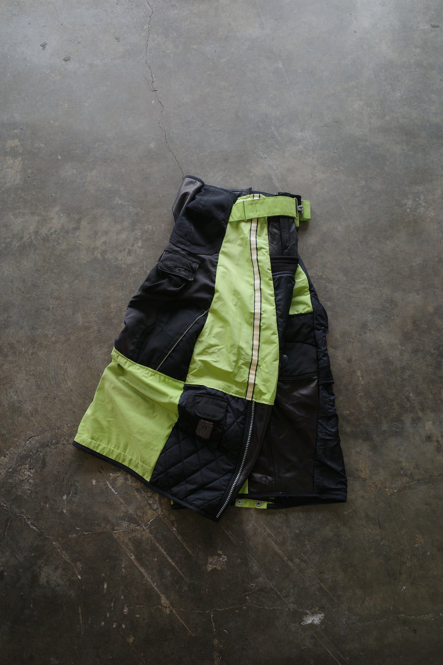 Wide Legged nag nag Pants(S)/made from vintage KAWASAKI moto racing pants &vintage OLYMPIA racing trousers and leather trim
