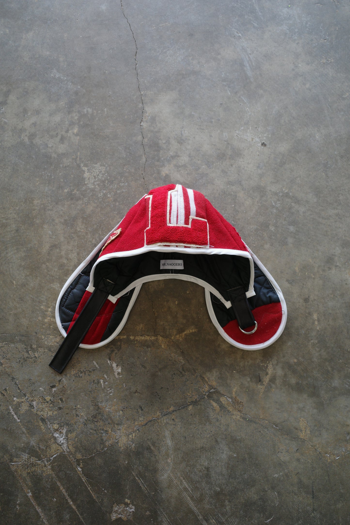 nag nag Bunny Ear Hat made with vintage Varsity Jacket and Patches