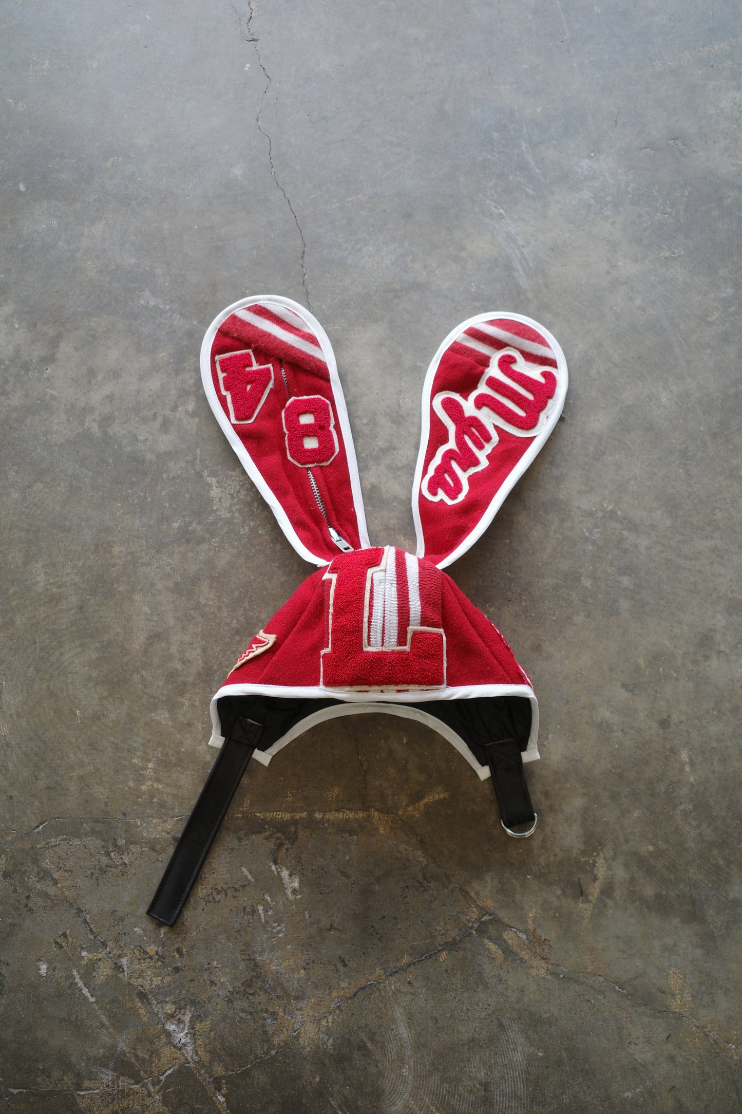 nag nag Bunny Ear Hat made with vintage Varsity Jacket and Patches