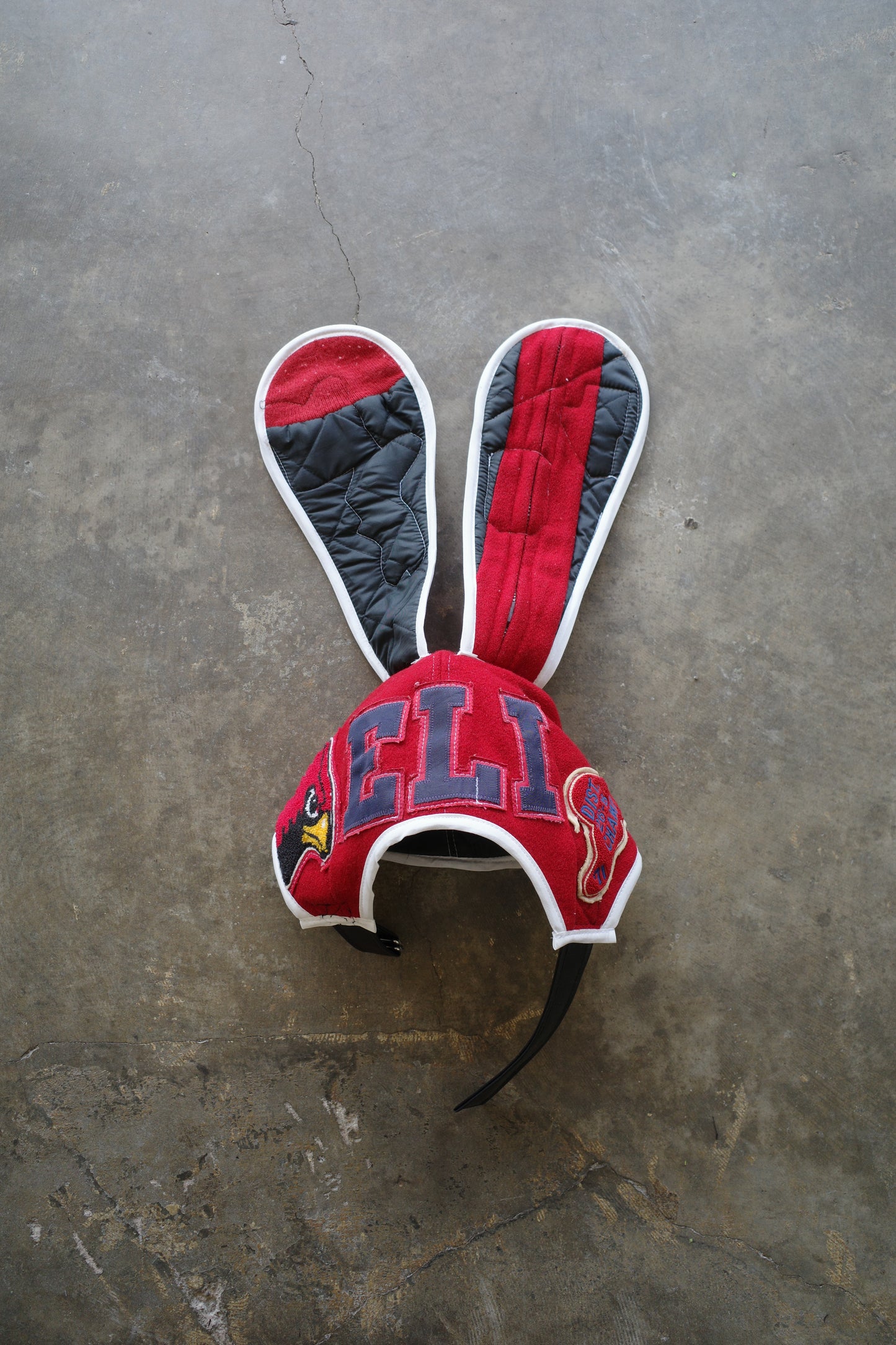nag nag Bunny Ear Hat made with vintage Varsity Jacket and Patches