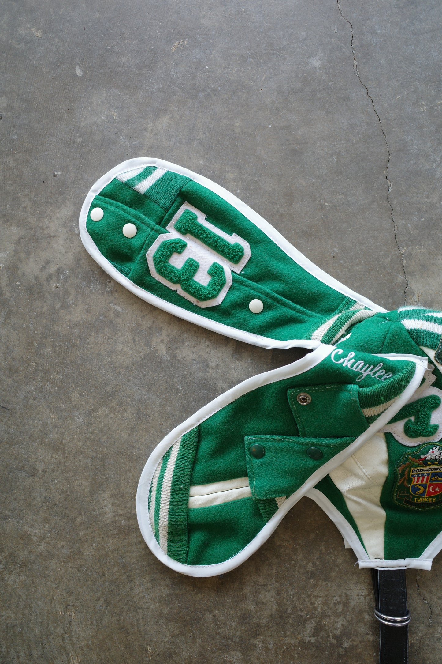 nag nag Bunny Ear Hat made with vintage Varsity Jacket and Patches