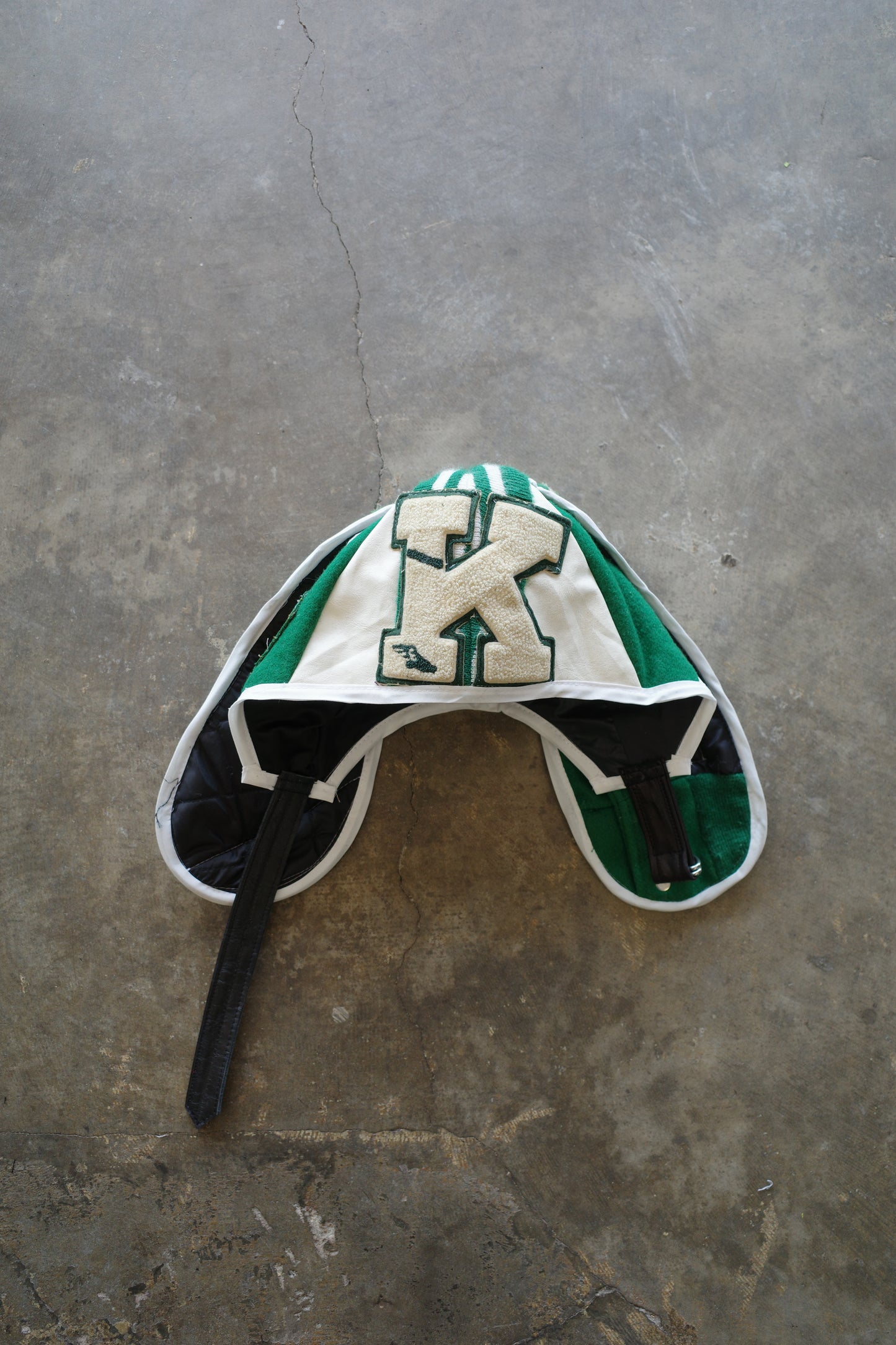 nag nag Bunny Ear Hat made with vintage Varsity Jacket and Patches