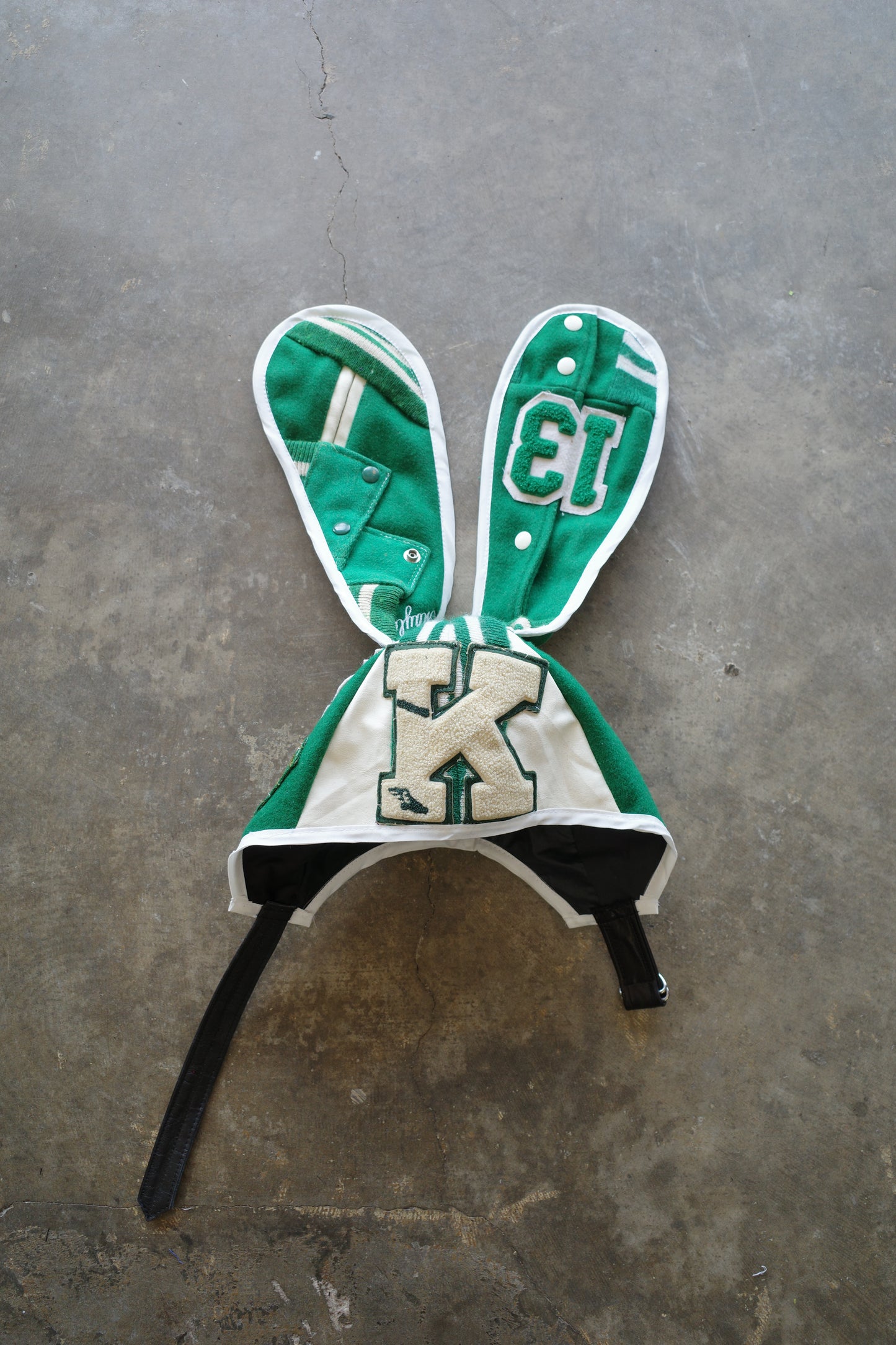 nag nag Bunny Ear Hat made with vintage Varsity Jacket and Patches