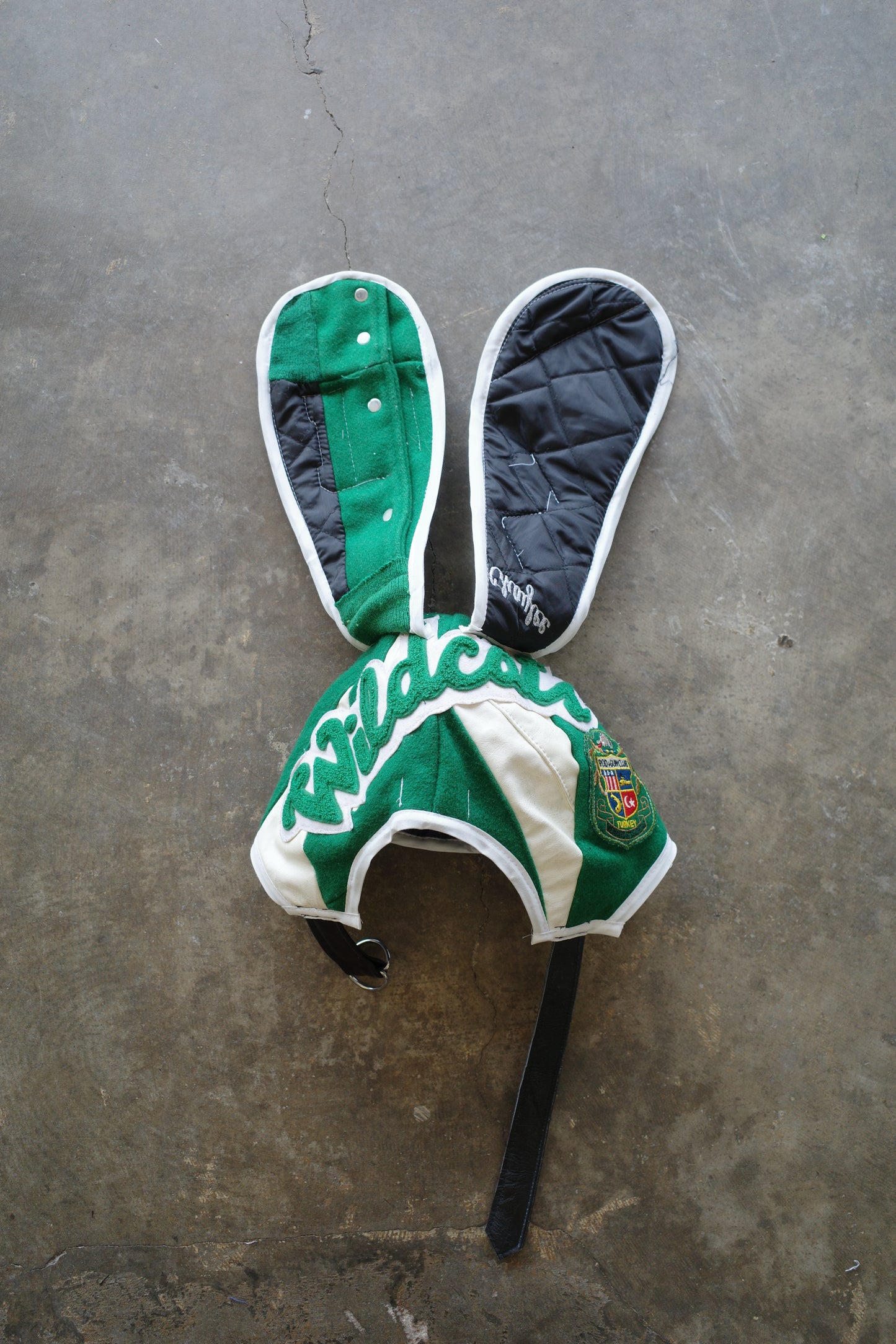 nag nag Bunny Ear Hat made with vintage Varsity Jacket and Patches
