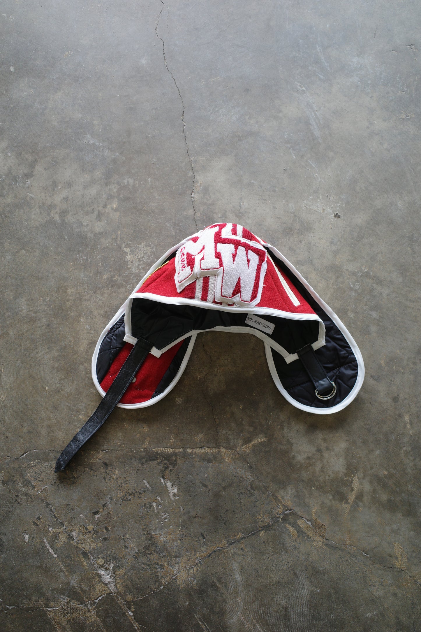 nag nag Bunny Ear Hat made with vintage Varsity Jacket and Patches