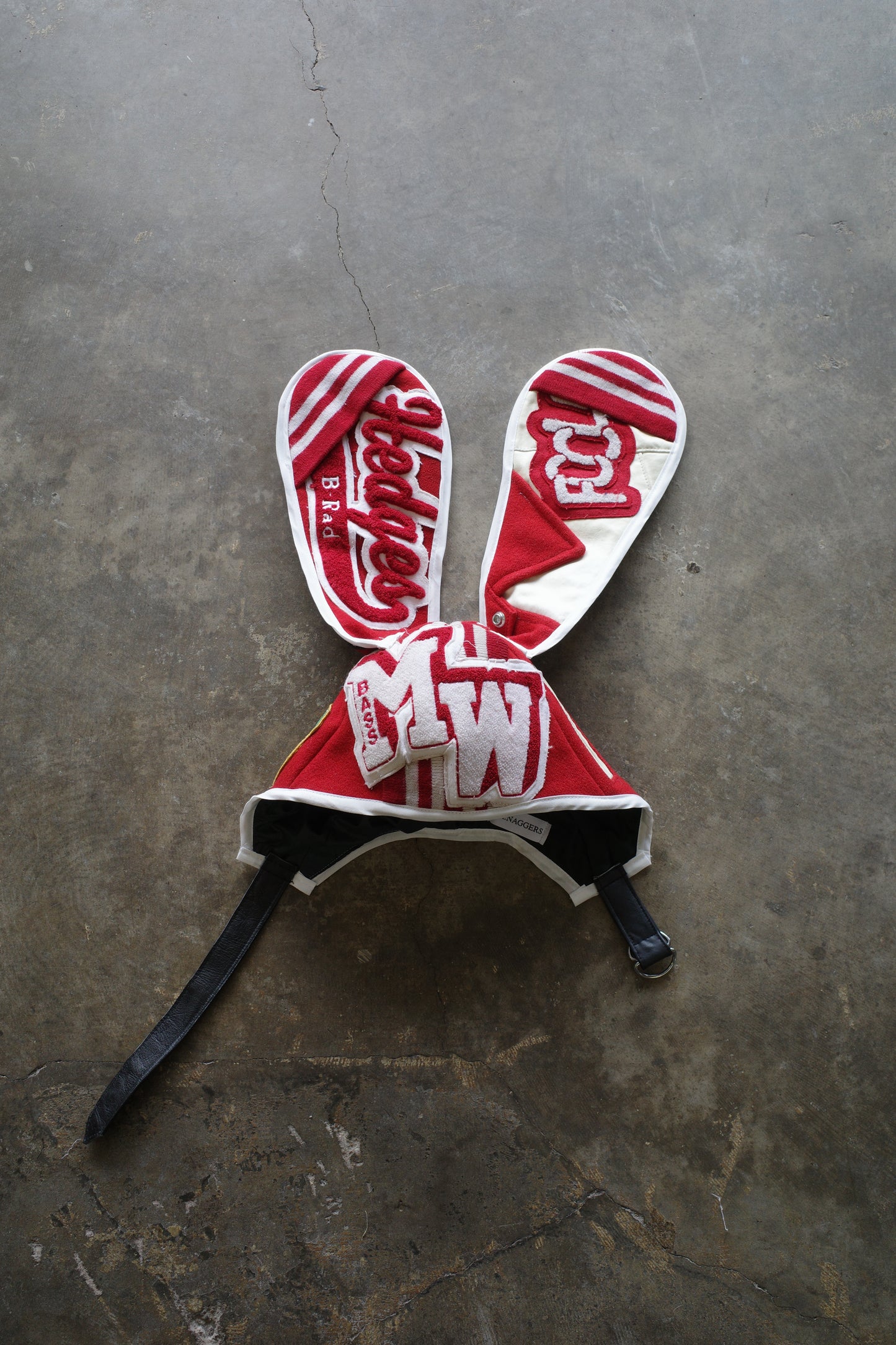 nag nag Bunny Ear Hat made with vintage Varsity Jacket and Patches