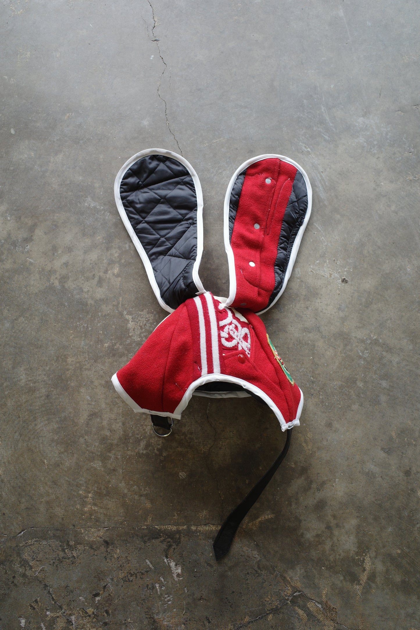 nag nag Bunny Ear Hat made with vintage Varsity Jacket and Patches