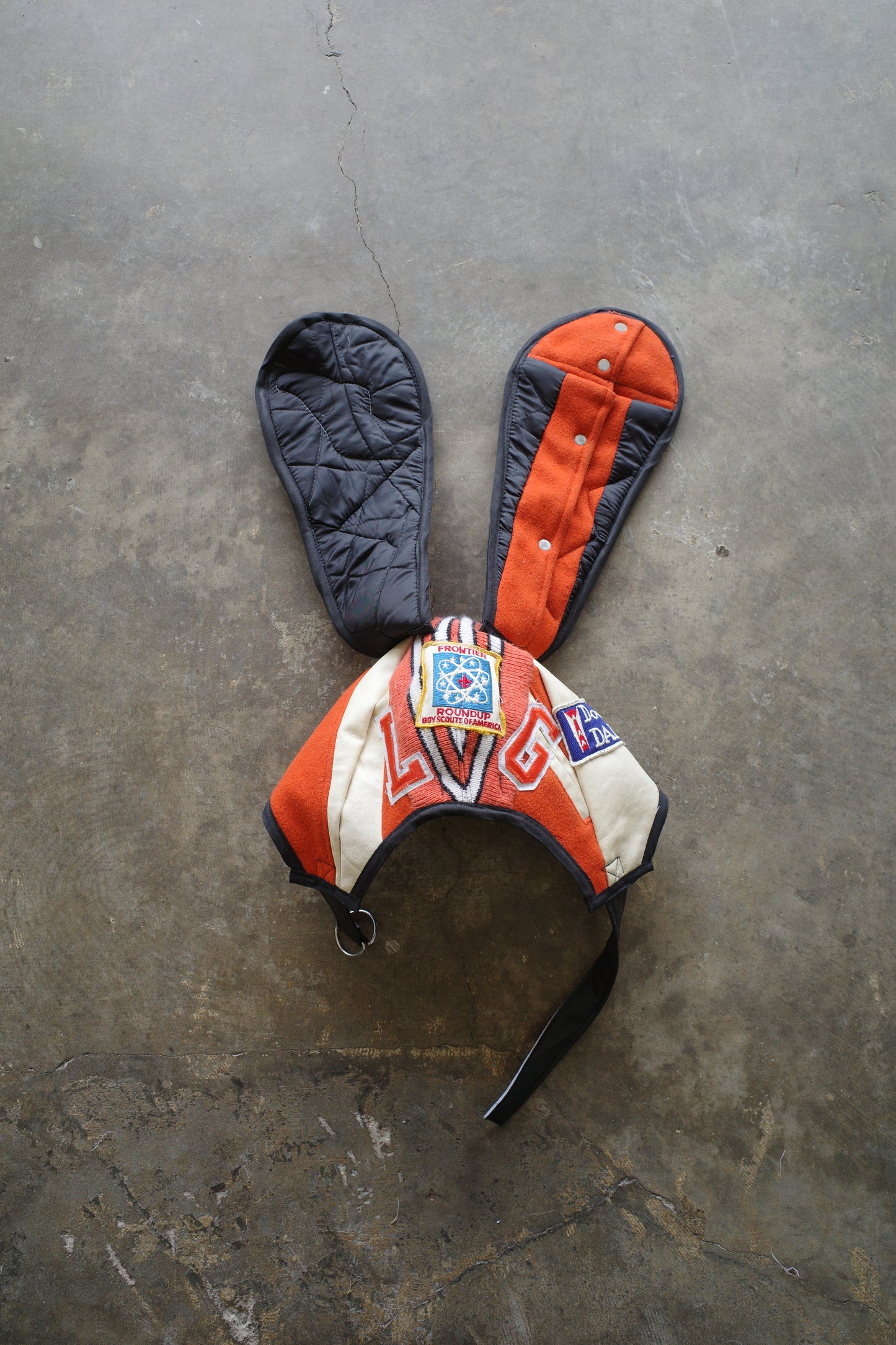 nag nag Bunny Ear Hat made with vintage Varsity Jacket and Patches