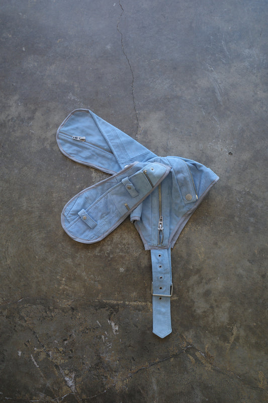 nag nag Bunny Ear Hat made with vintage light blue suede leather biker jacket