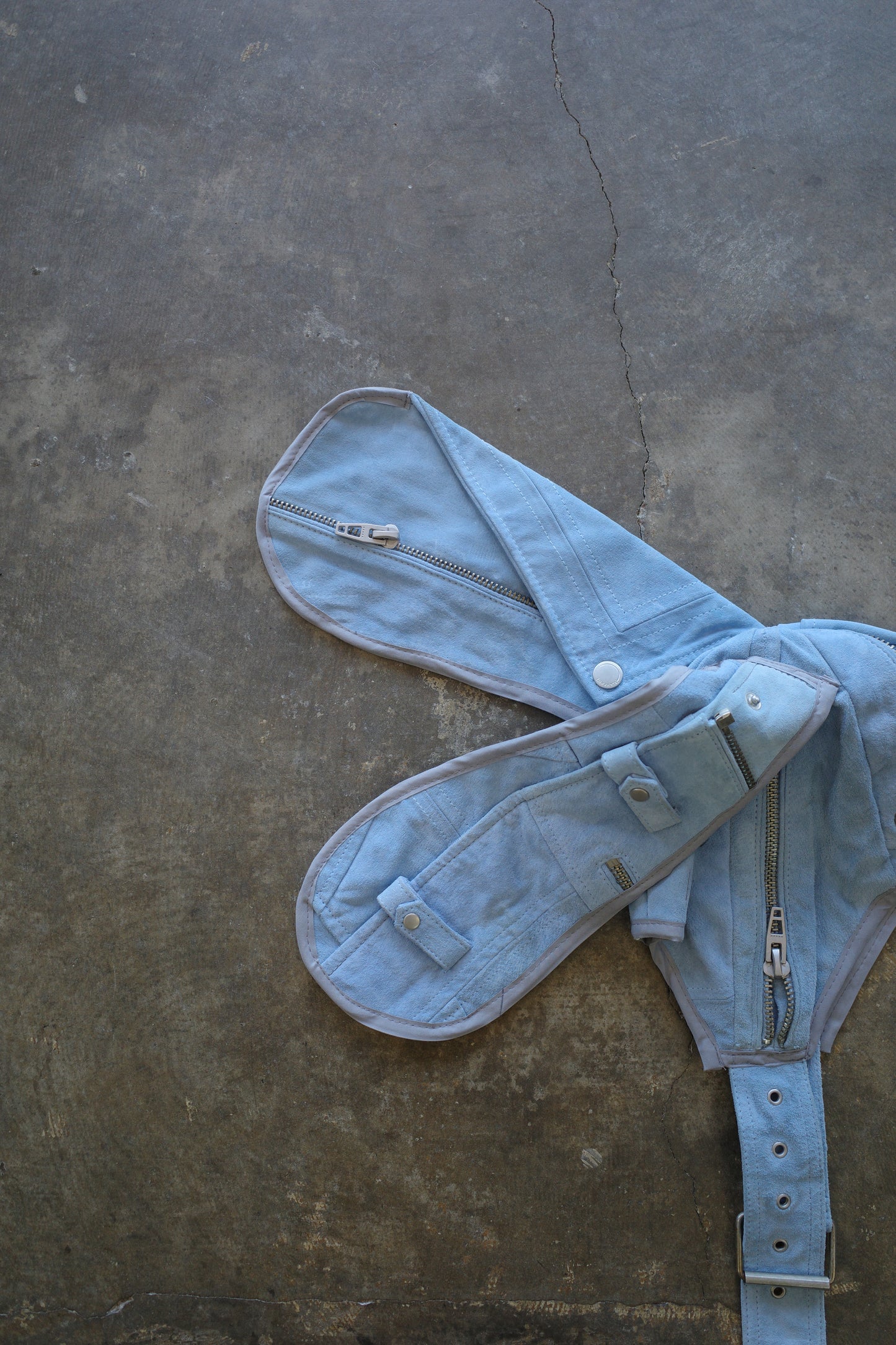 nag nag Bunny Ear Hat made with vintage light blue suede leather biker jacket