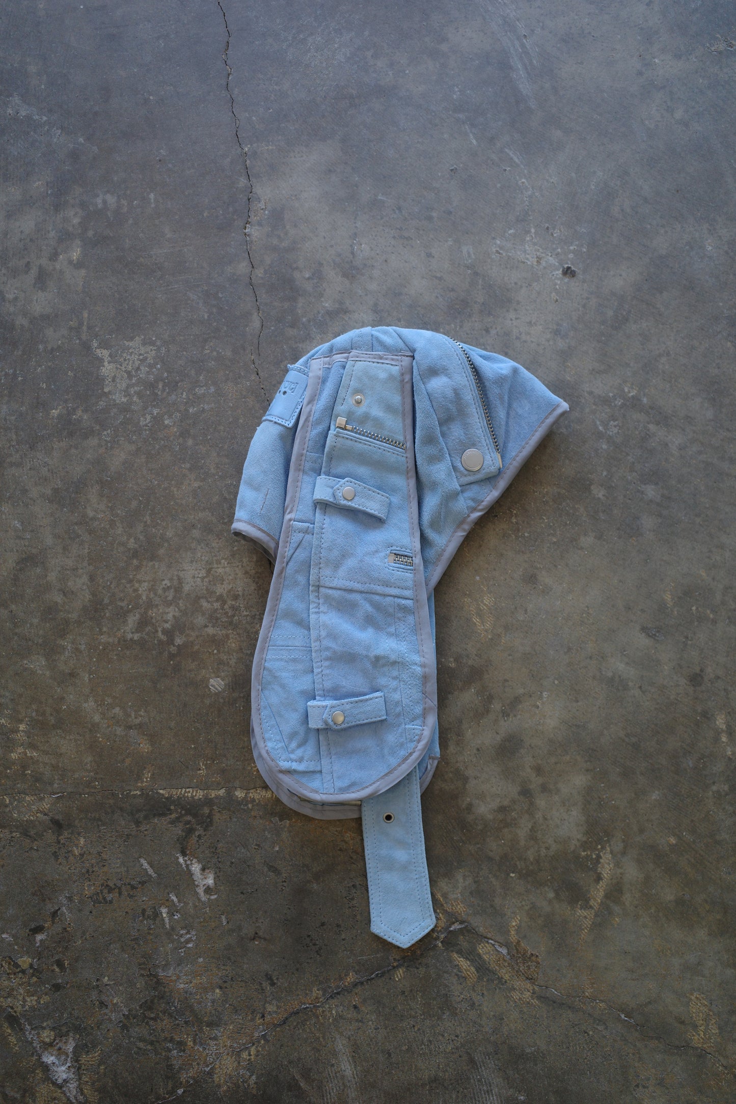nag nag Bunny Ear Hat made with vintage light blue suede leather biker jacket