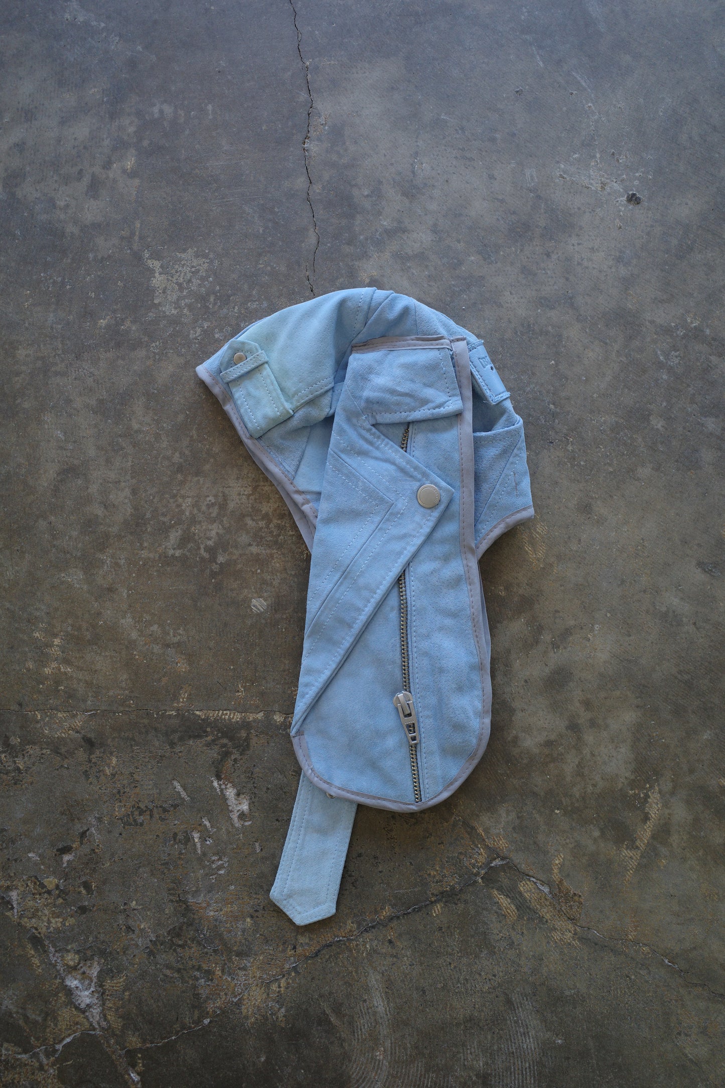 nag nag Bunny Ear Hat made with vintage light blue suede leather biker jacket