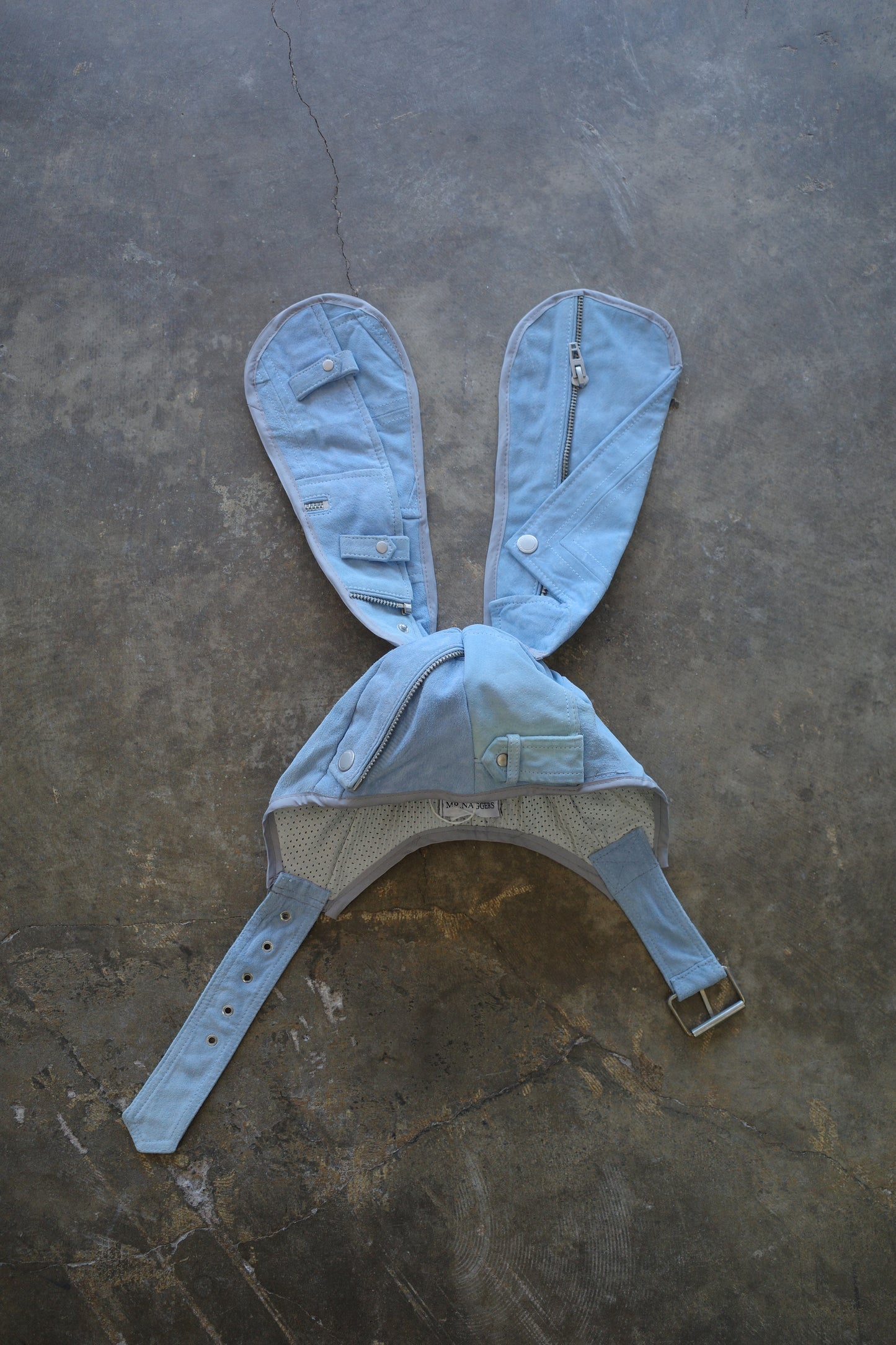 nag nag Bunny Ear Hat made with vintage light blue suede leather biker jacket