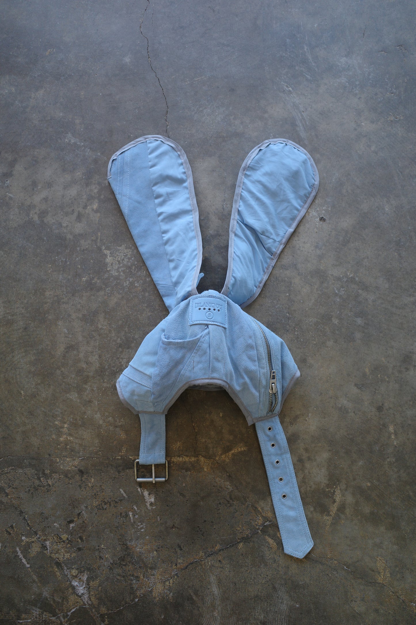nag nag Bunny Ear Hat made with vintage light blue suede leather biker jacket