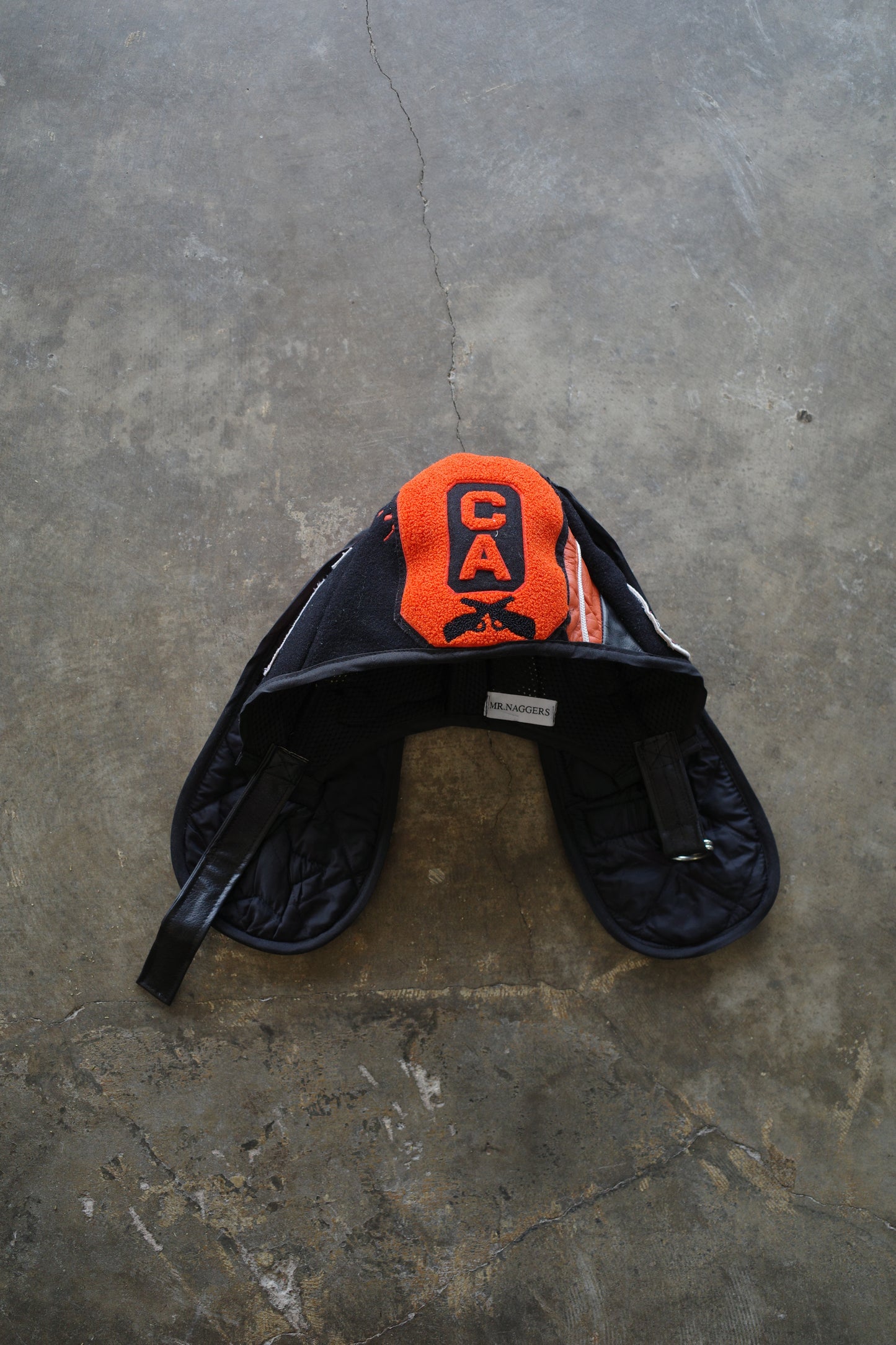 nag nag Bunny Ear Hat made with vintage Varsity Jacket and Patches